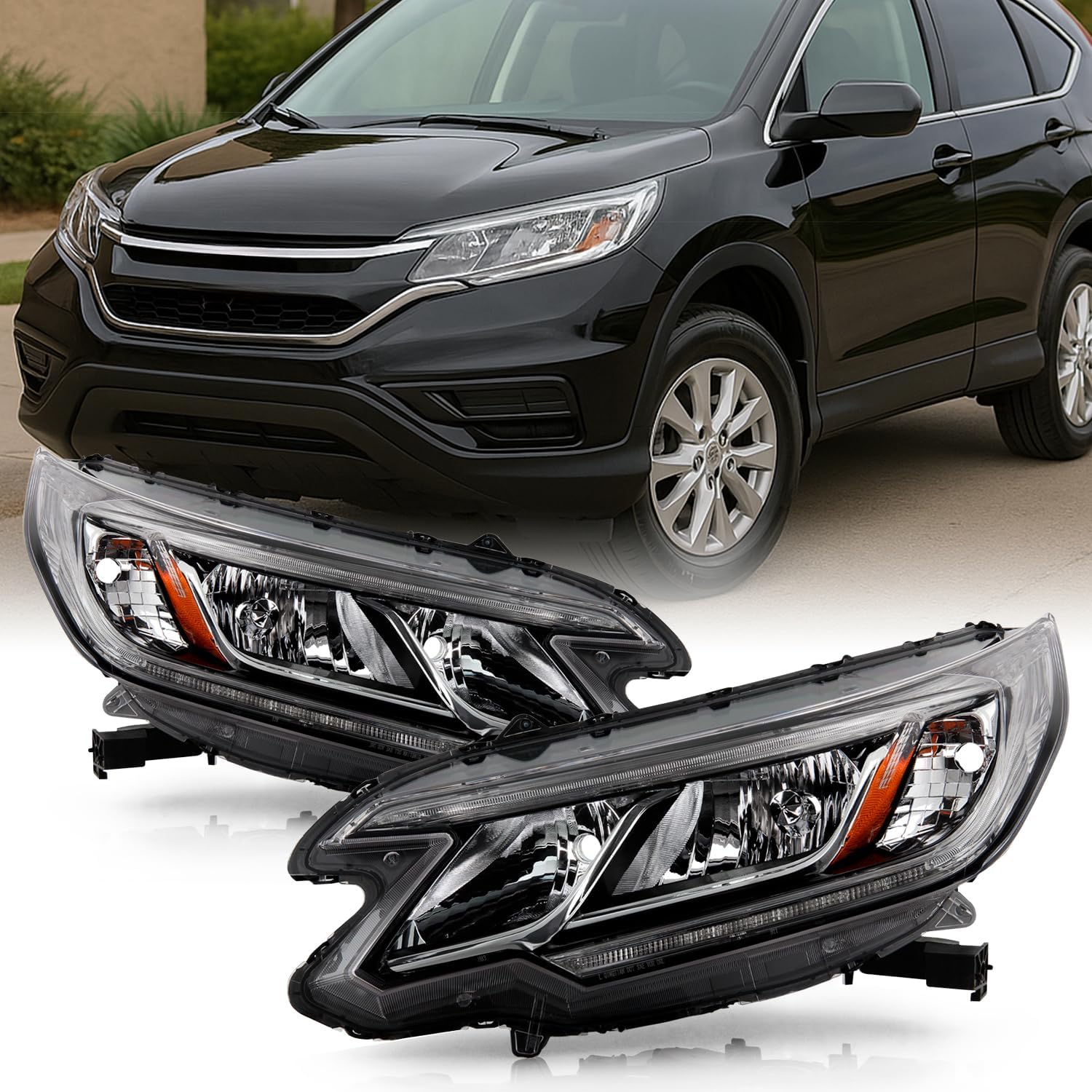 AKKON - Fits 2015-2016 Honda CR-V EX/EX-L/SE [Tube Bar] Chrome Headlights Pair Driver Left + Passenger Right w/LED DRL