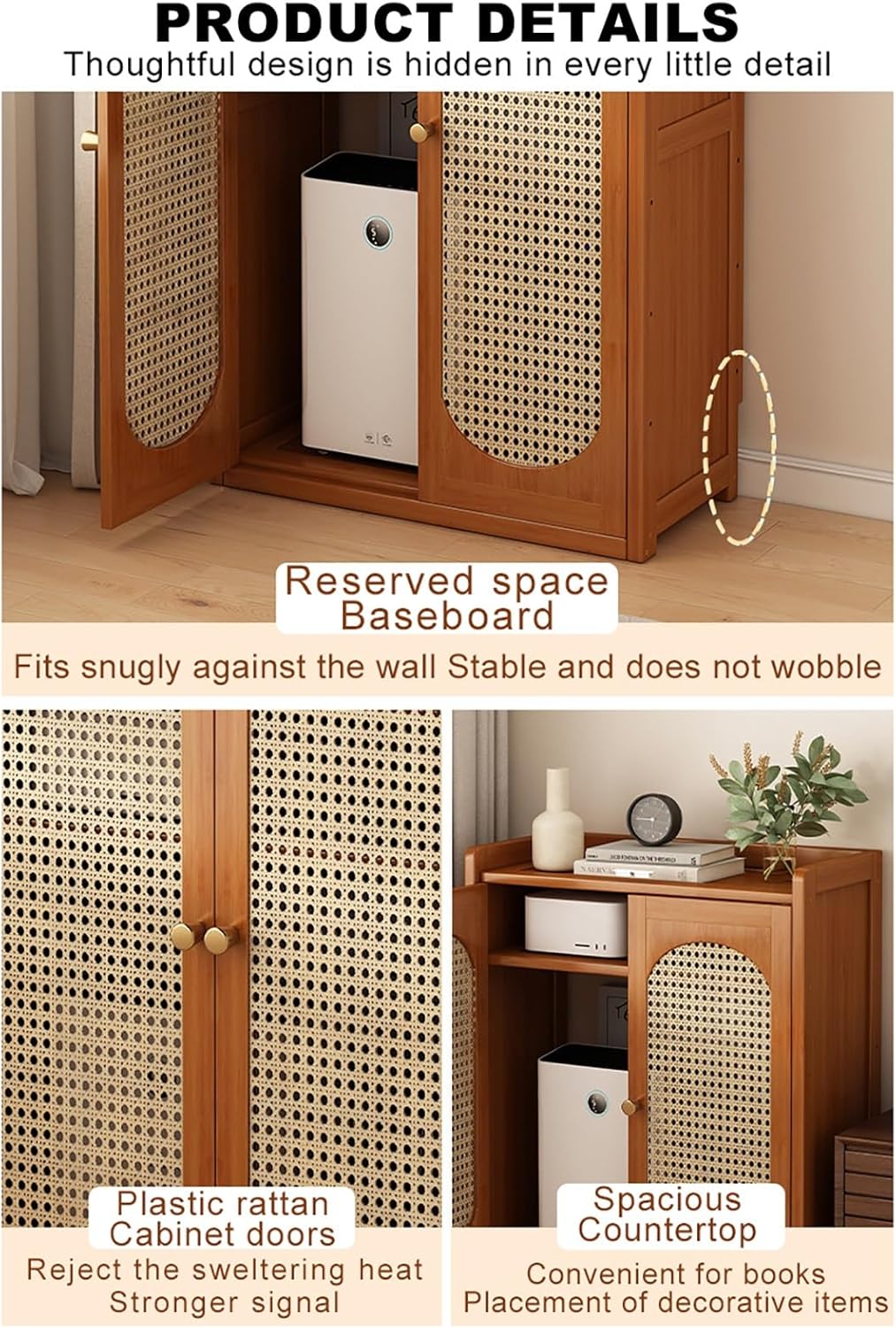 Organizer Router Hider Box Rattan WiFi Router Storage Cabinet with Door and Shelf Large Capacity for Living Room Bedroom.(60x25x82cm)