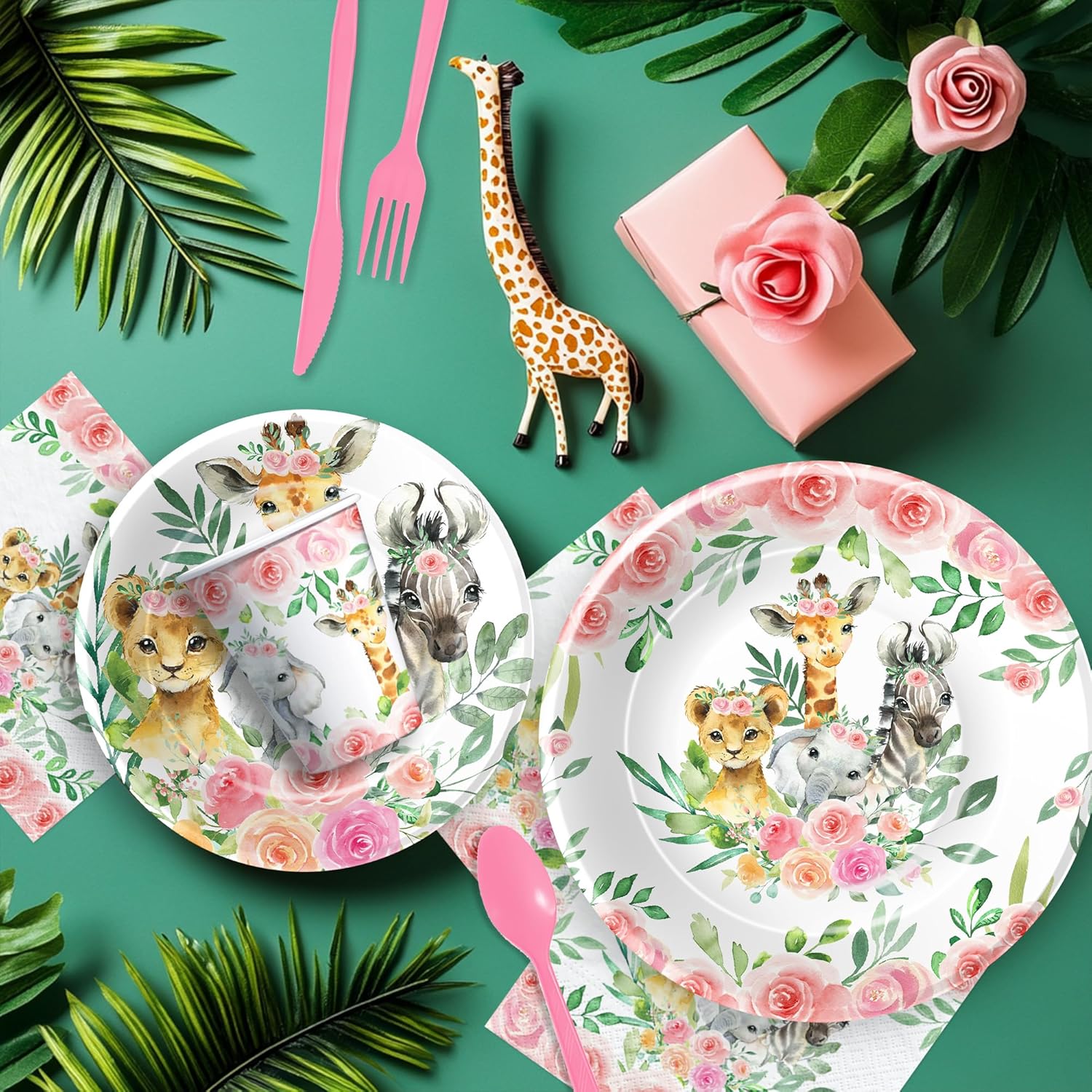 Srua Don Safari Birthday Decorations Girl, Jungle Animal Party Supplies, Paper Plate, Napkin, Cup, Tablecloth, Banner, Swirls, Safari Jungle Party Decorations For Birthday Baby Shower, Serves 24