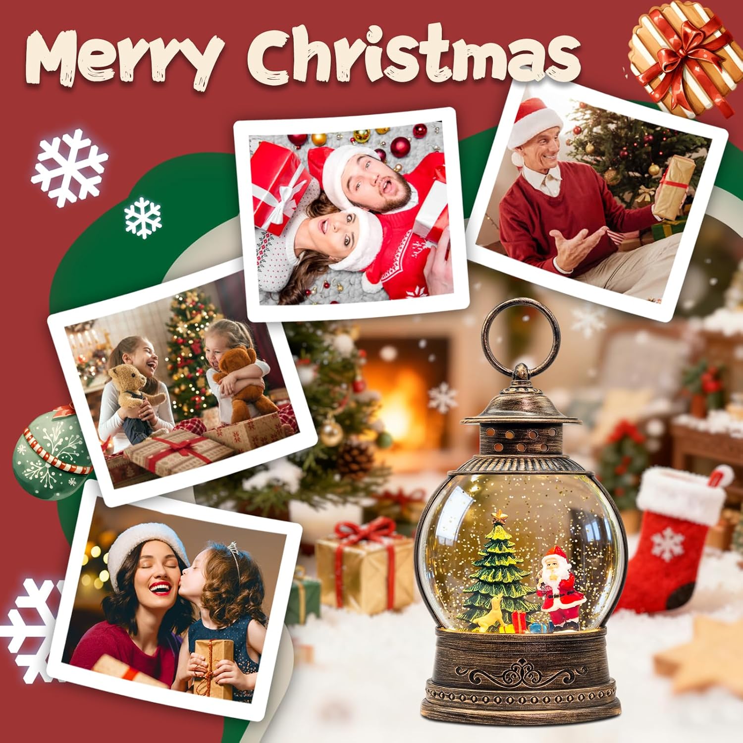 Christmas Snow Globes, 9.45" Santa Claus Glitter Water Lantern with 8 Songs, 6H Timer Battery & USB Powered Music Box for Christmas Decorations Indoor - Image 5