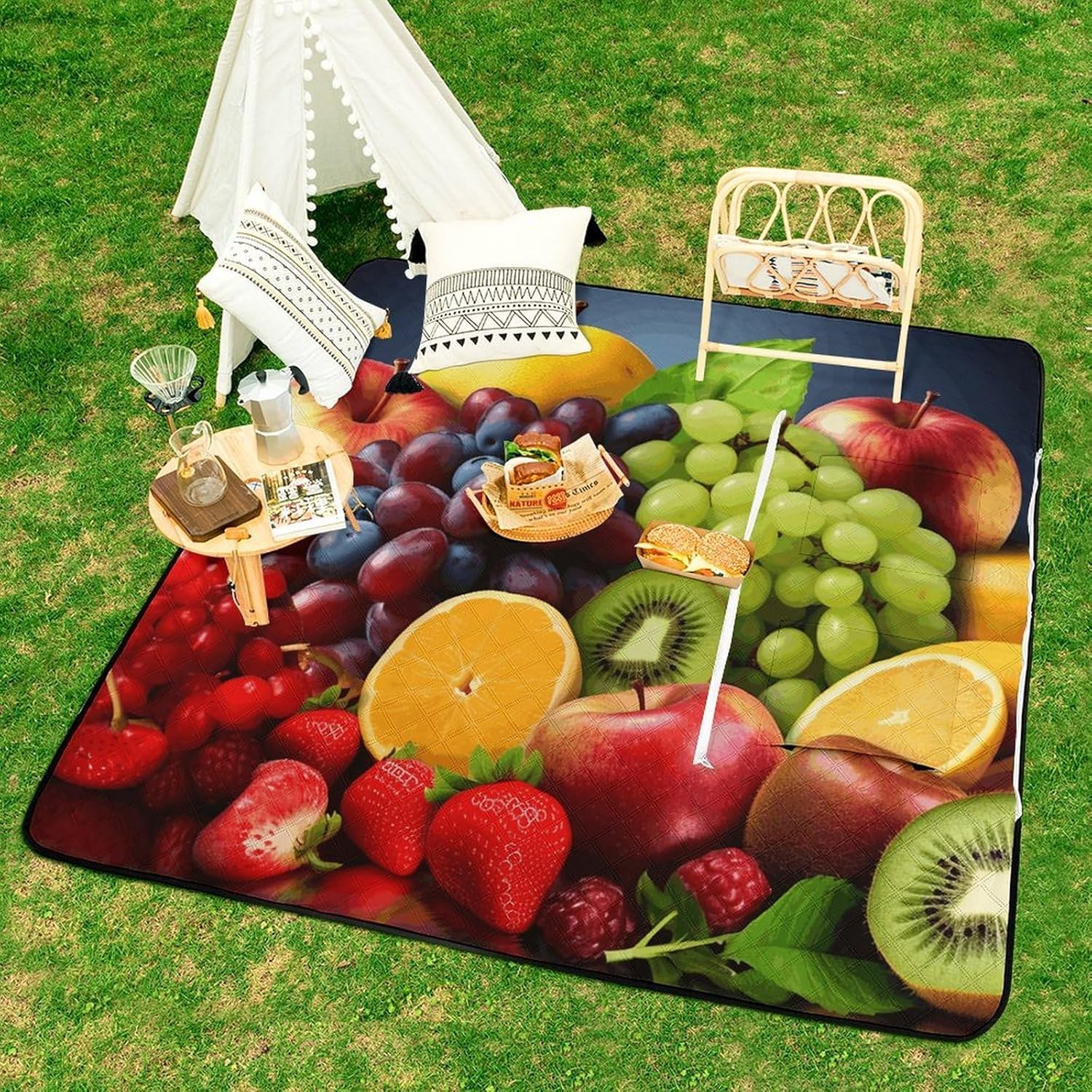 Fruits Picnic Blanket with Zipper Water Resistant Sand Free Picnic Mat Washable Foldable Easy Carry Beach Blanket for Lawn Beach Hiking Camping