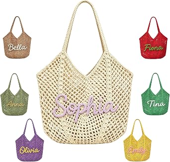 BEXOA Personalized Beach Bag for Women - Custom Woven Tote Crochet Bags with Name Gifts for Mom Birthday Wedding Travel