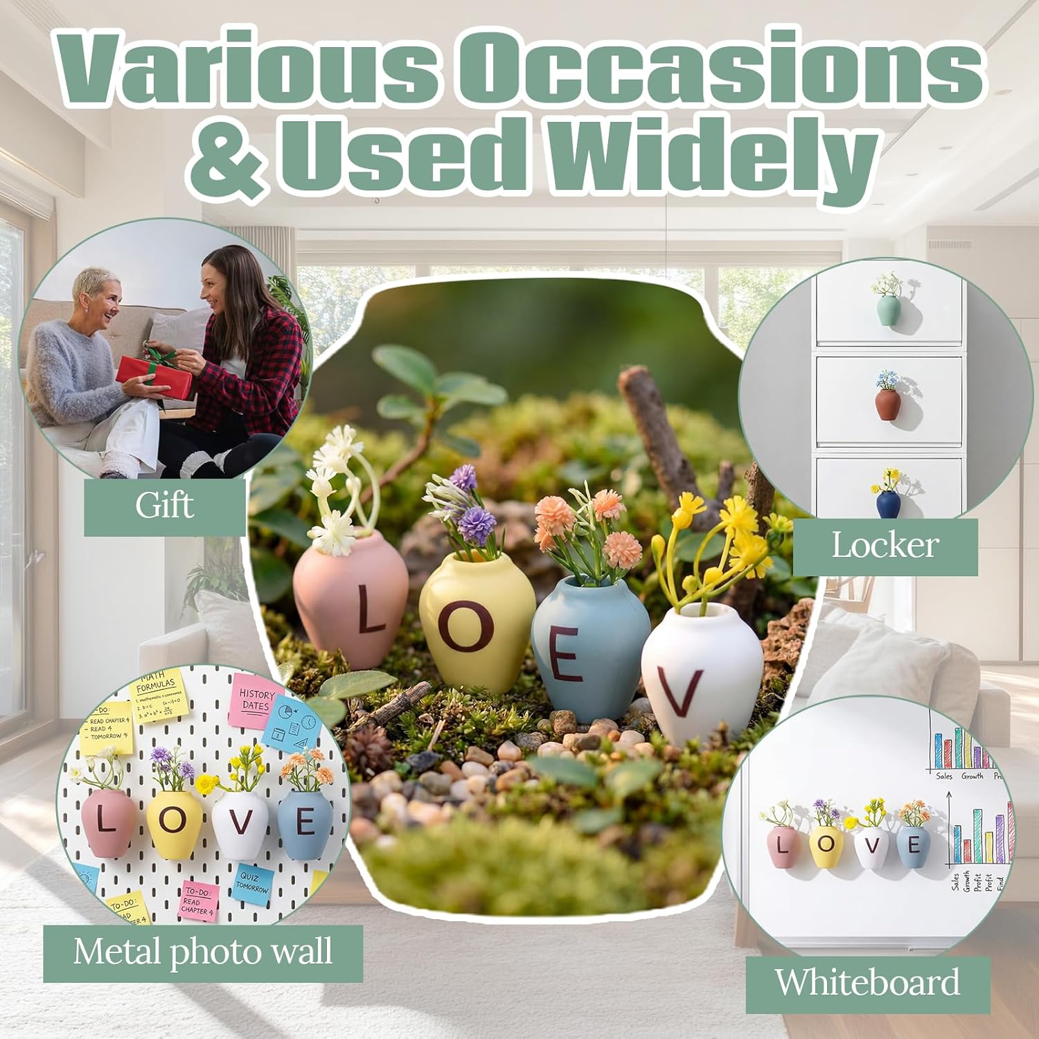 8 Pcs Mini Vase Magnets for Fridge Love Mini 3D Vases with Faux Flowers Cute Tiny Plant Refrigerator Decor Kitchen Office Gifts for Lovers Birthday Anniversary Mother's Day Housewarming