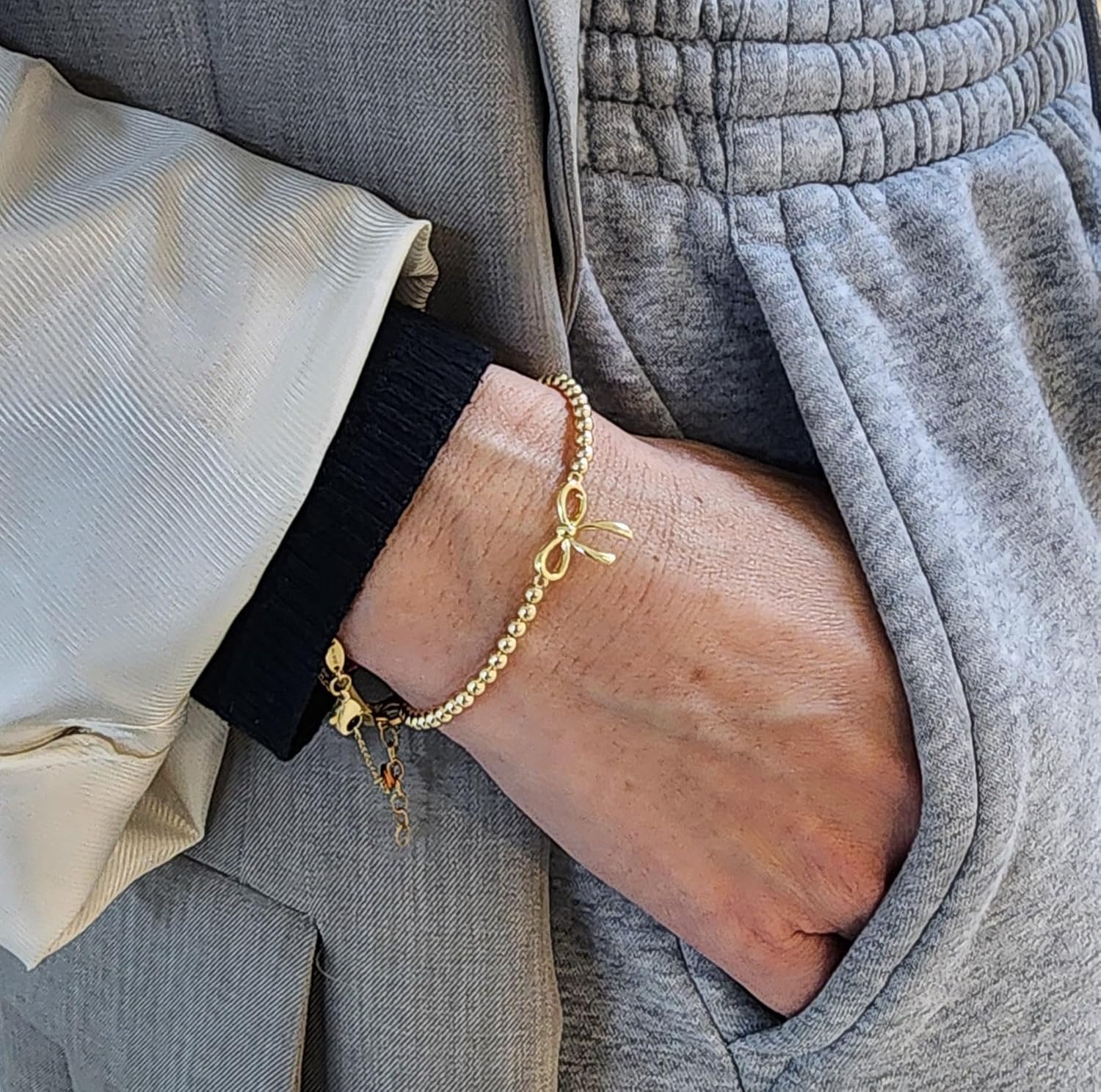 Anela 14kt Gold Filled Beaded Bow Bracelet for Women, Ribbon Bracelet with Gold Filled Beads, Gift Idea, Stretchy to Fit, Made in USA