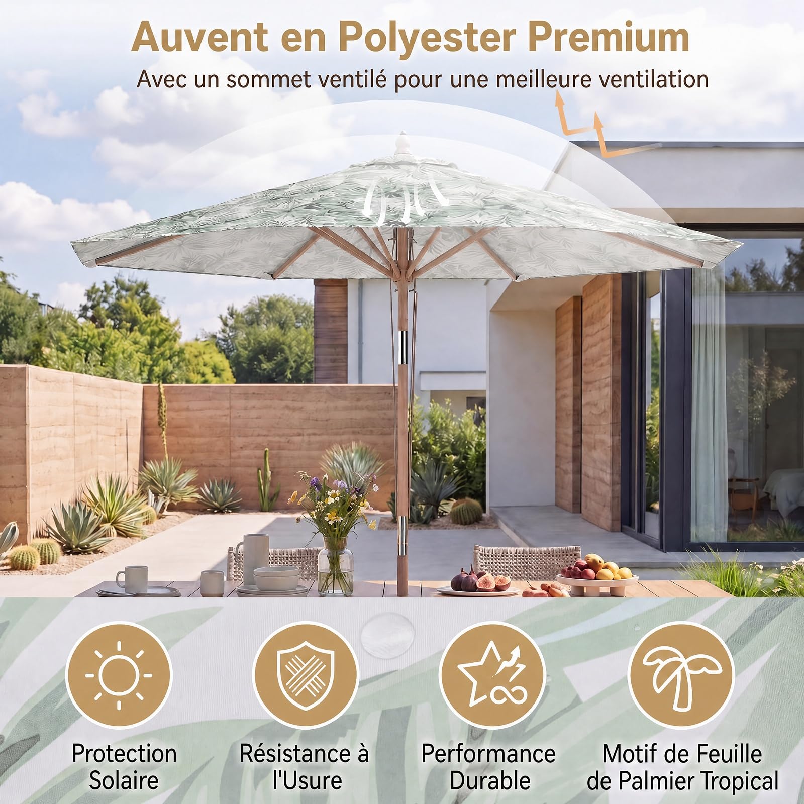 RELAX4LIFE Parasol Inclinable 270CM en Bois, Motif de Plantes Tropicales