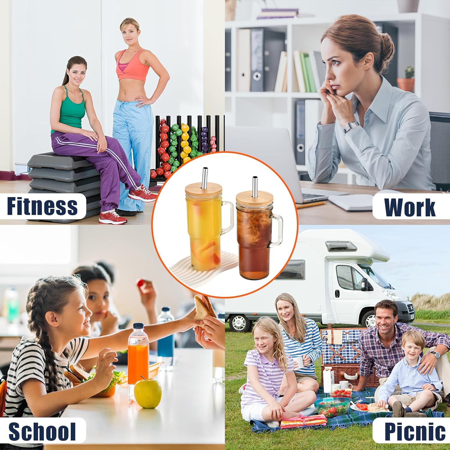 6 Pack Glass Tumbler Cups with Handle, 24oz Bubble Tea Cup with Bamboo Lid& Wide Straws,Reusable Mason Jars with Wide Mouth Iced Coffee Cup, Drinking Glasses for Smoothie,Bubble Tea - Image 7