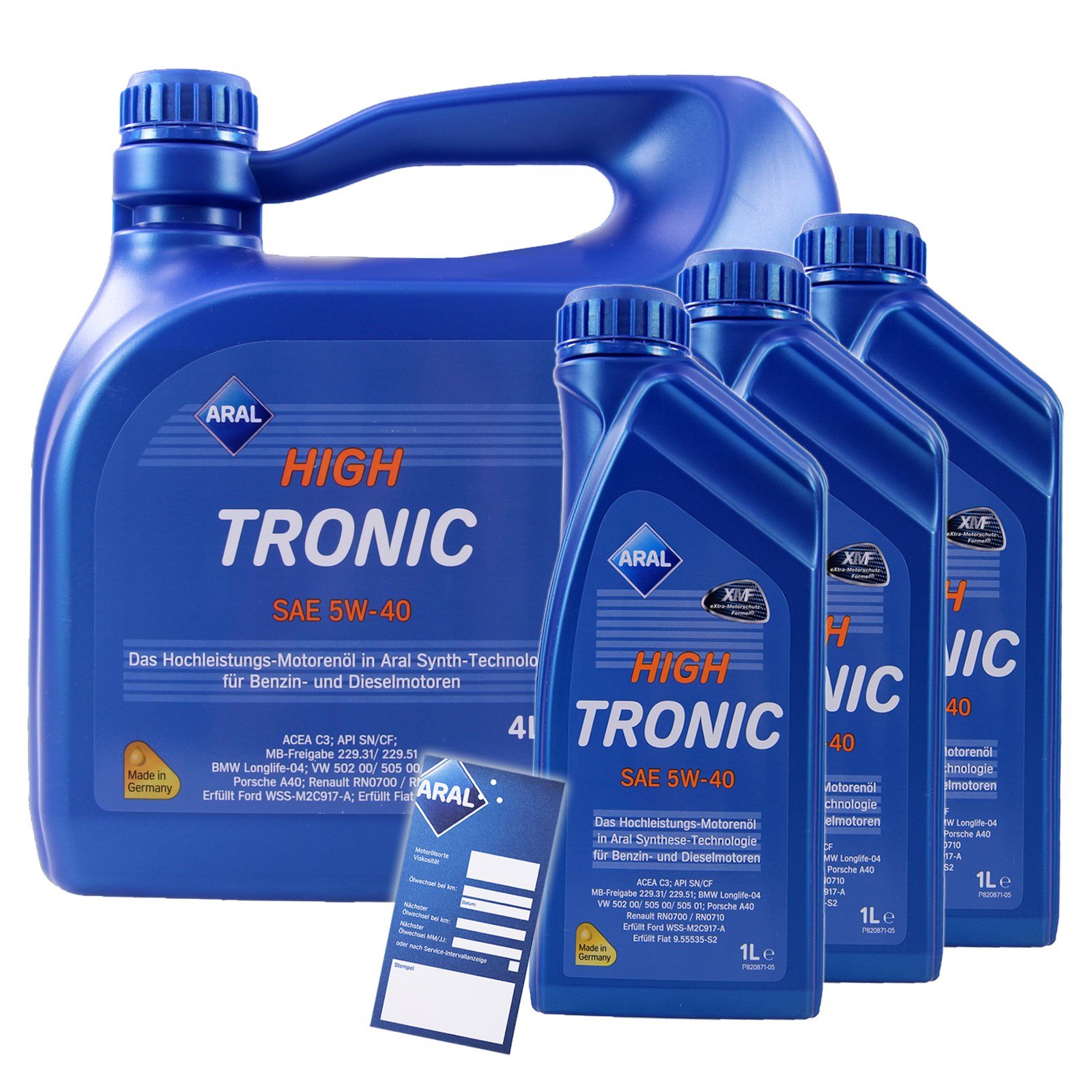 3x 1 L + 4 L = 7 Liter ARAL HighTronic 5W-40 Motoröl inkl. Ölwechselanhänger