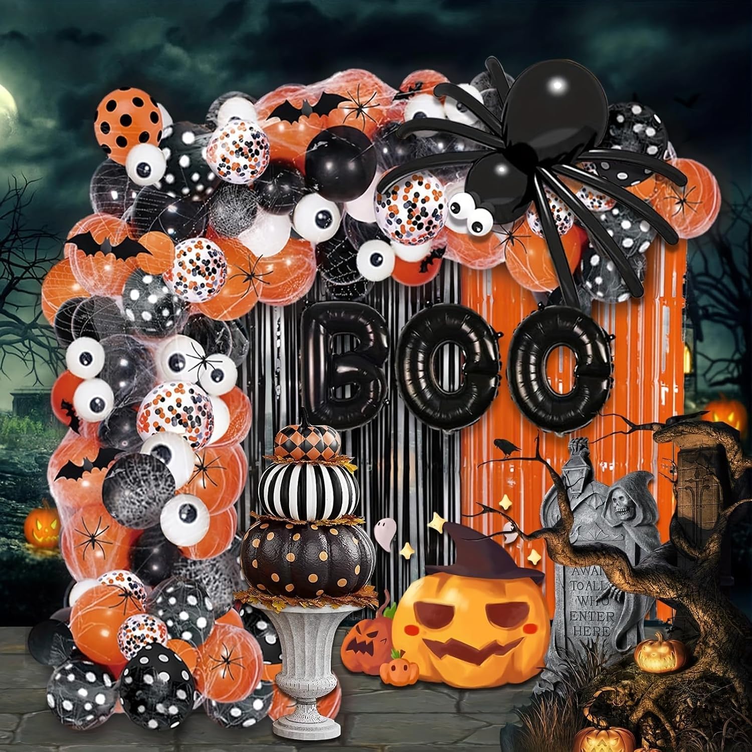 Halloween balloon garland arch kit,BOO foil Balloon, Halloween Decorations | 98pcs Halloween Balloon Garland Arch Kit,Black Orange Polka Dot Latex Balloons with Spider &BOO Foil Balloon, Eyeball Balloon