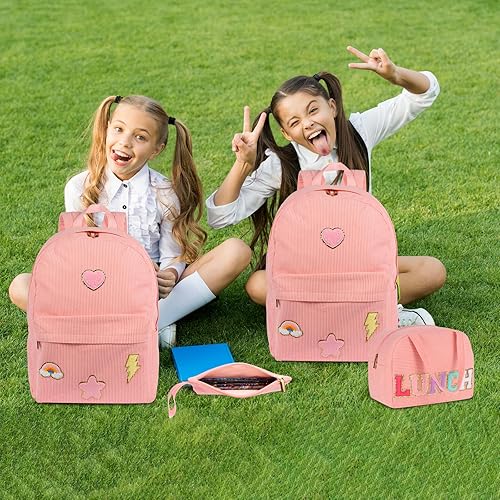 Miniatura 6 de Kolewo4ever Juego de mochila escolar de 3 piezas, regalo de regreso a clases, bolsa de pana de chenilla con letras, bolsa de almuerzo y estuche para