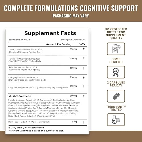 Miniatura 2 de Suplemento de hongos 12 en 1, 60 unidades Cápsulas de suplemento de melena de león con Cordyceps, cola de pavo, Reishi, Chaga y mezcla mágica