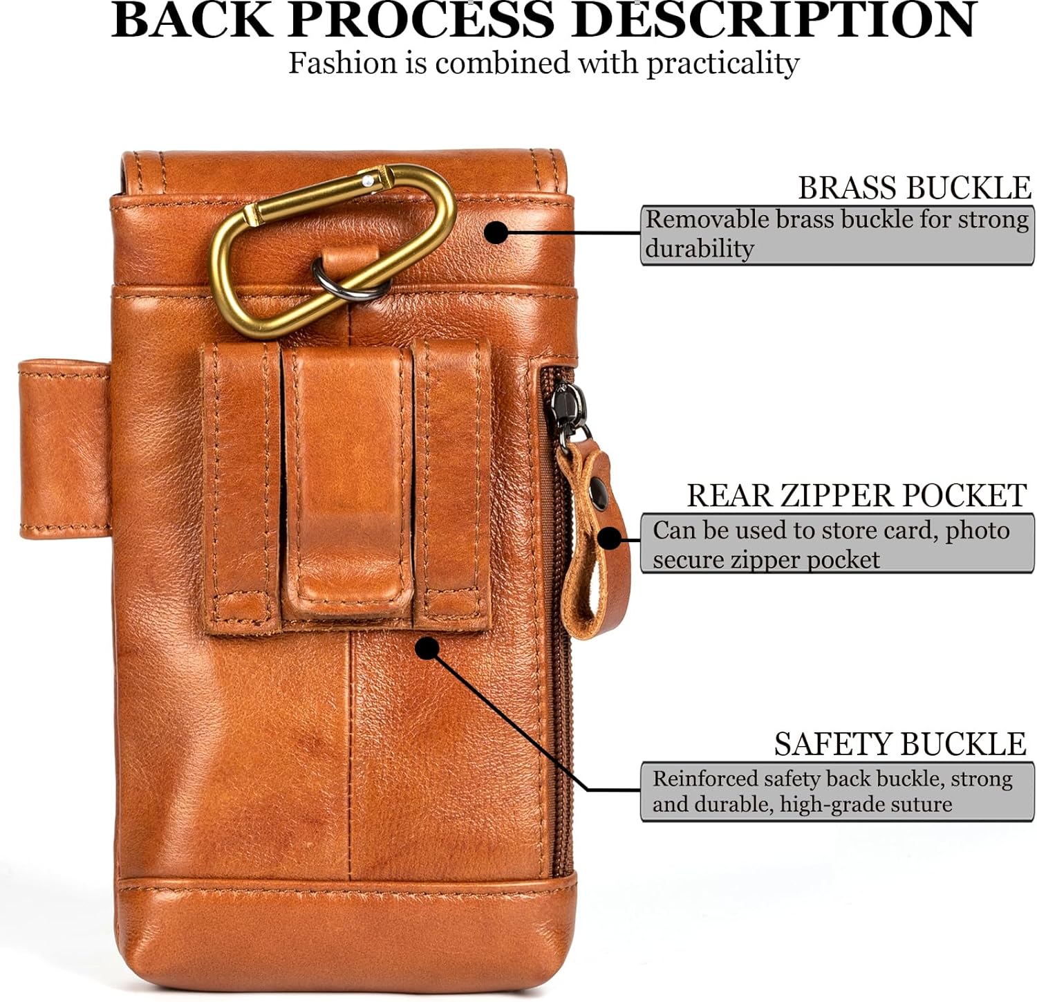 Leather Phone Holster - Genuine Full-Grain Buffalo Leather Cell Phone Holsters - for iPhone 16, 15, 14, 13pro, Galaxy S24, S23, S22 (Brown, Large) - Image 3