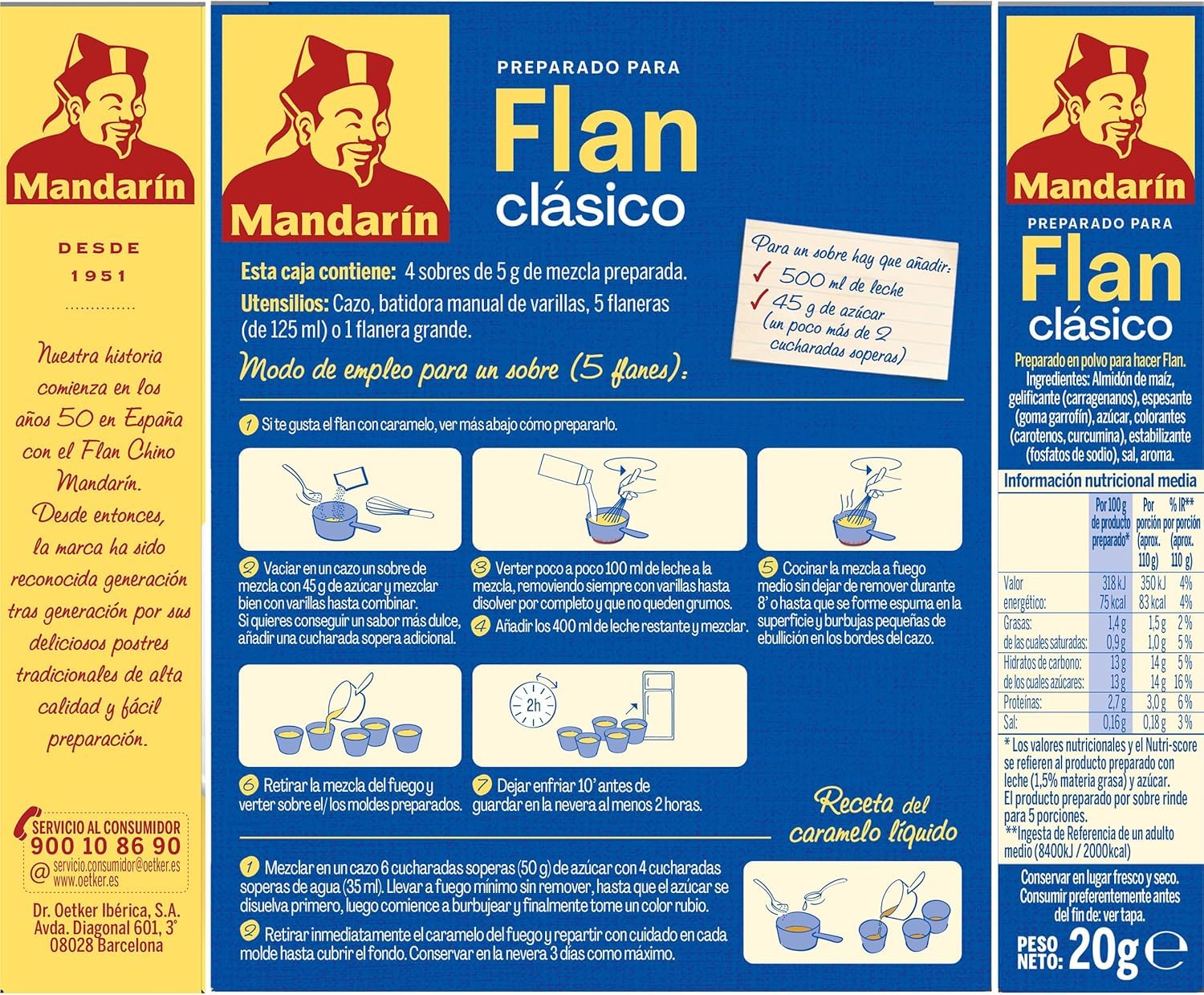 DR. OETKER - Flan Clásico Mandarín Pack de 10 Uds x 30g, Textura Cremosa, Pack 5 Sobres, Hasta 30 Flanes, Receta Tradicional, Preparación Rápida y Sencilla