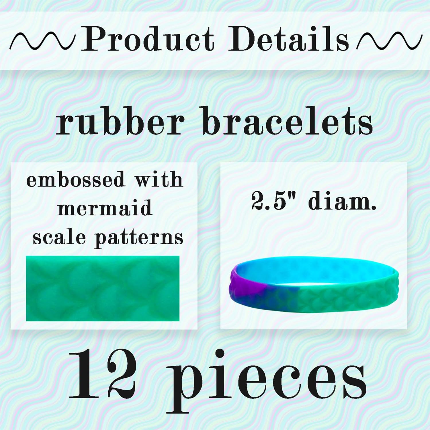 Tribello Mermaid Scale Rubber Bracelets – 12 Pack, 2.5" Diameter, Stretchy, Embossed with Mermaid Scale Patterns, Three Color Gradient Design