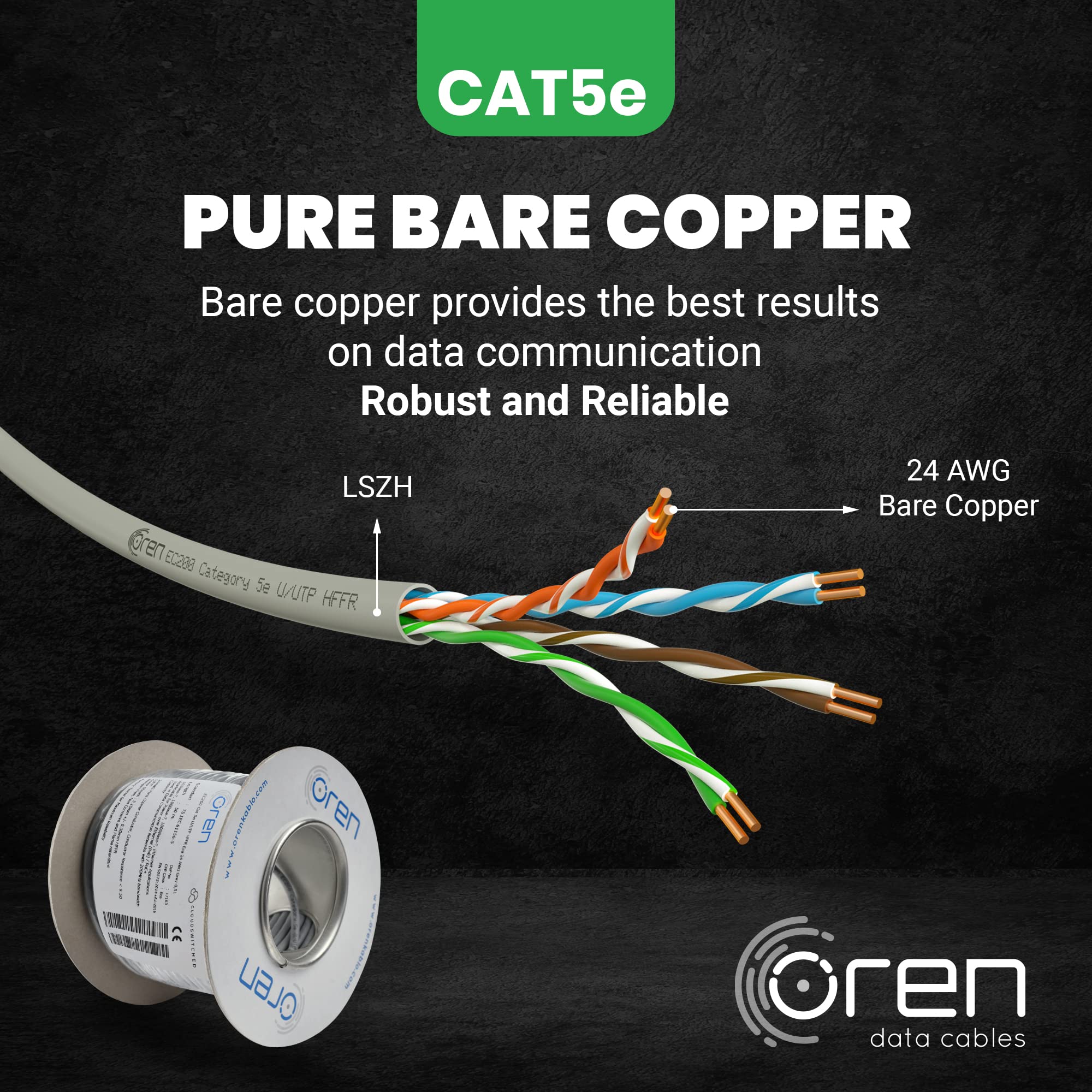 Oren CAT5e 50m Cavo Ethernet - Filo di Rame Puro 24 AWG, Larghezza di Banda 200 MHz, Cavo di Rete UTP Internet LAN LAN Senza Alogeni, Non Corrosivo, Cavo Ethernet Gigabit ad alta velocità