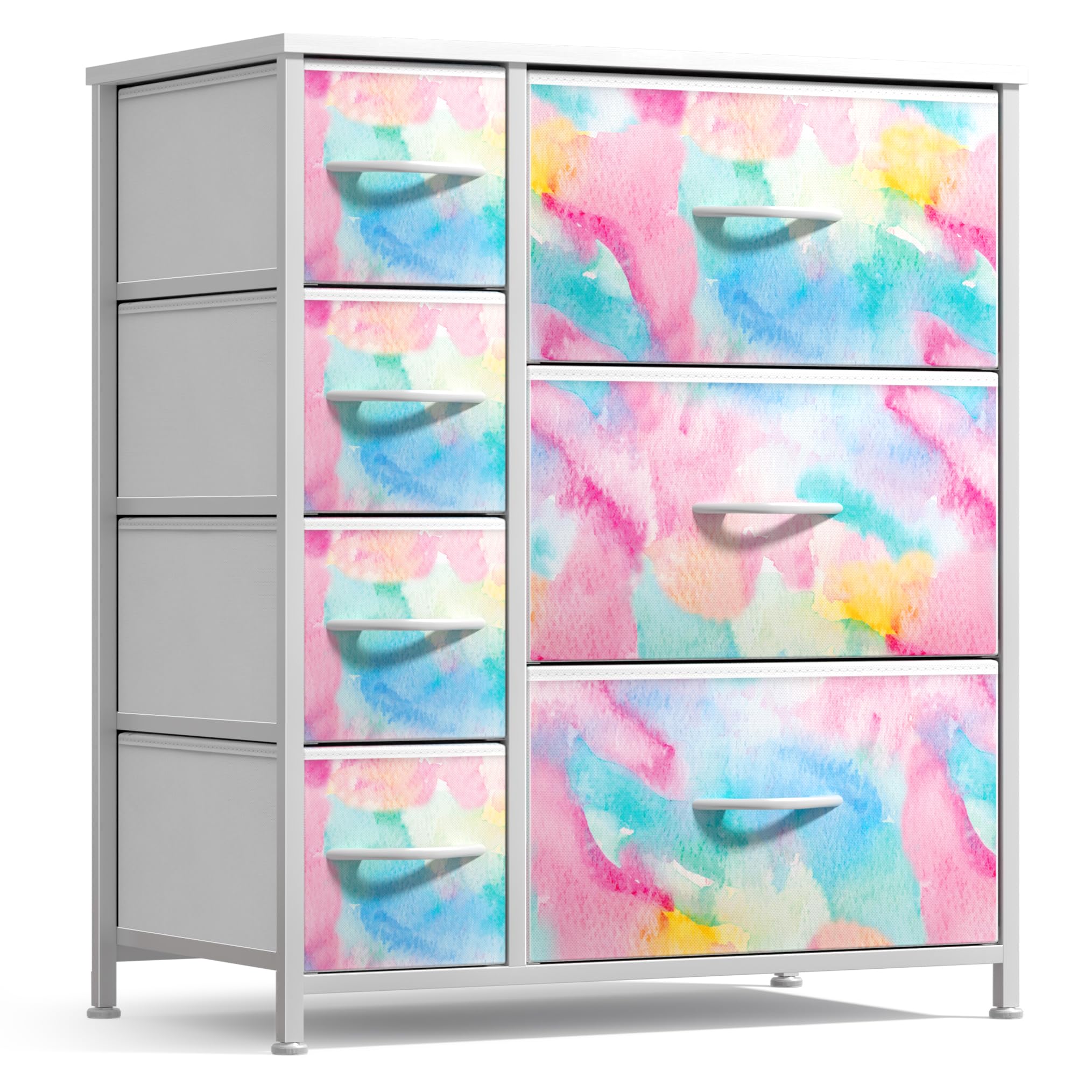 Sorbus Kids Dresser with 7 Drawers - Storage Chest Organizer Unit with Steel Frame, Wood Top & Handles, Tie-dye Fabric Bins for Clothes - Wide