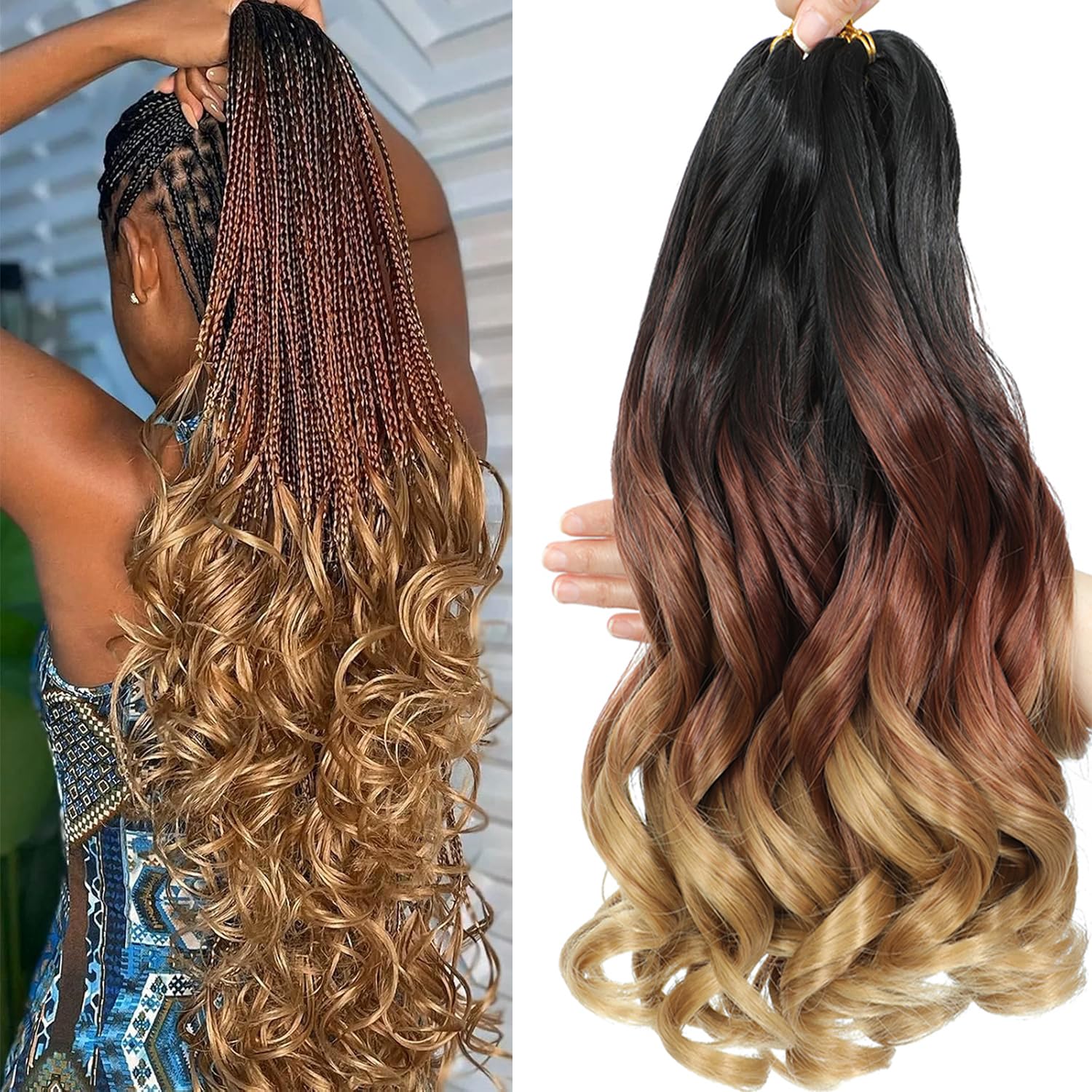 French Curl Braiding Hair 24 Inch Curly Braiding Hair 8 Packs Pre Stretched Bouncy Loose Wave French Curls Crochet Braids for Black Women (T1B/30/27,