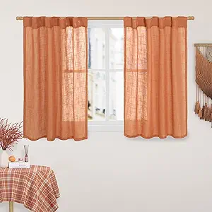LAMIT Orange Linen Curtains 40 Inch Length, Semi Sheer Light Filtering Panels Back Tab and Rod Pocket Rust Country Decor Drapes for Small Windows/Kitchen, Burnt Orange, 2 Panels, 34 x 40 Inch