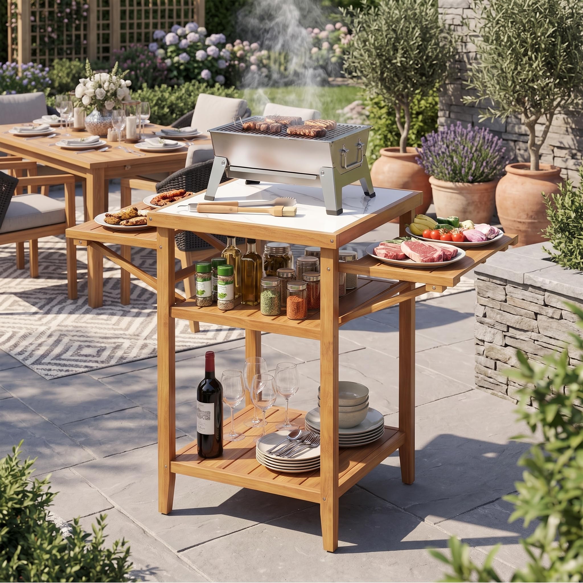 Giantex Mesa de Barbacoa de Exterior, Mesa de Parrilla de Madera de Acacia | 124,5x60x89,5cm, Mesa de Madera Acacia, Tablero con Diseño de Imitación de Mármol, Estantes de Listones, para Jardín, Terraza