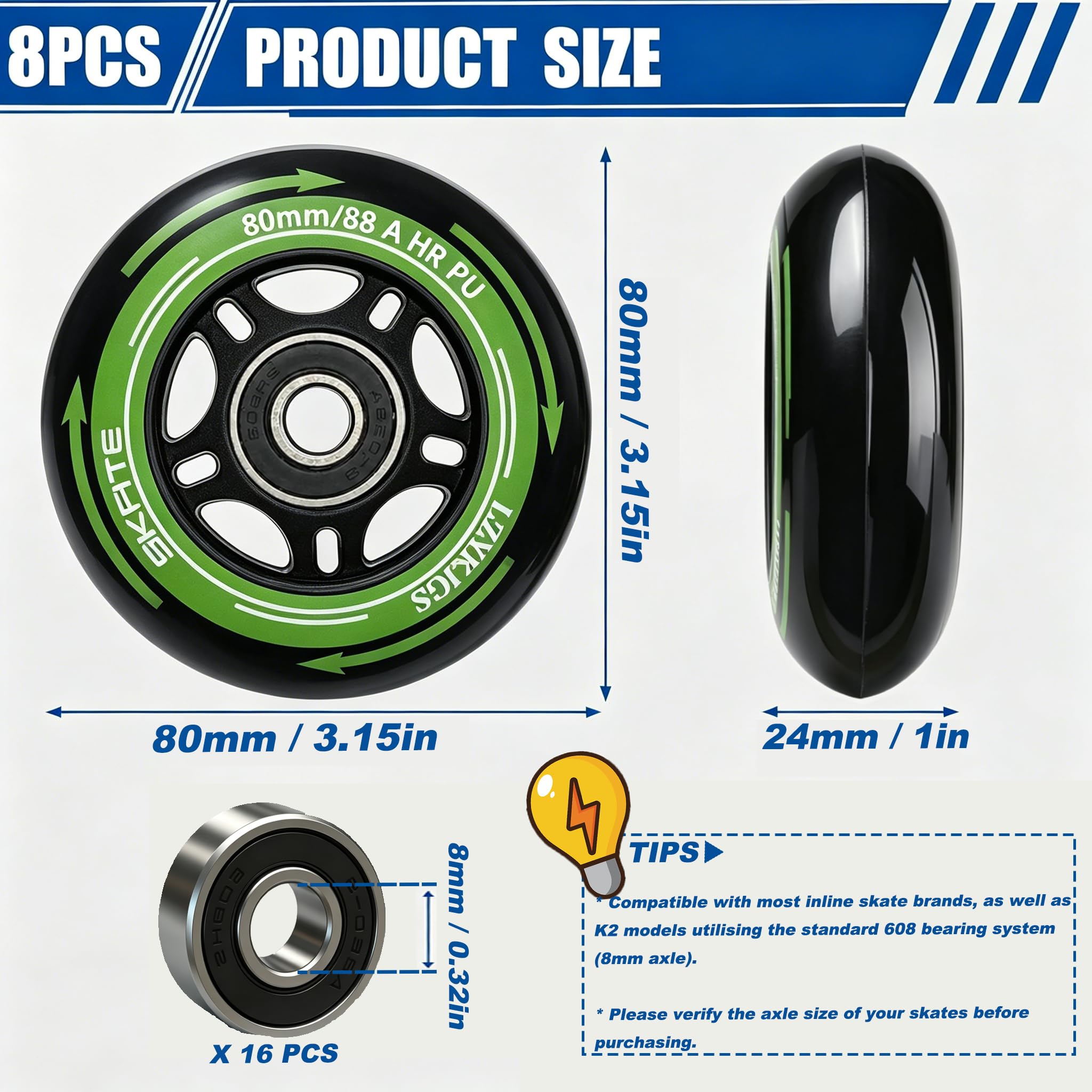 Lot de 8 Roues de Rollers en Ligne, 80mm, Roues de Patinage 88A SHR PU, Roulettes de Roller Avec Roulements ABEC 9, Roues de Rechange pour Roller Pour K2 Gonex Hudora Apollo Inline Skate