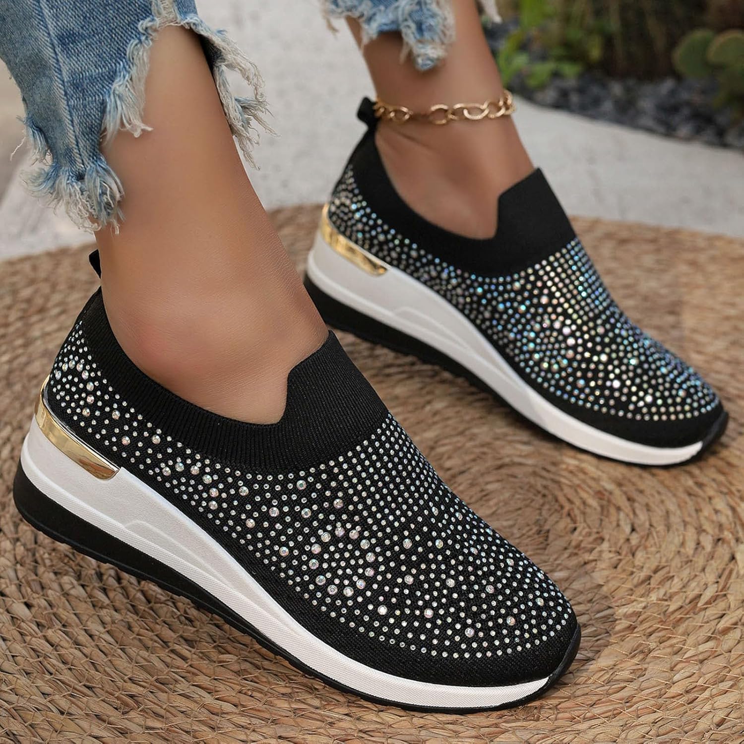 Scarpe da ginnastica da donna con zeppa e strass, alla moda, traspiranti, casual, con zeppa e strass, scarpe da ginnastica con zeppa scintillante