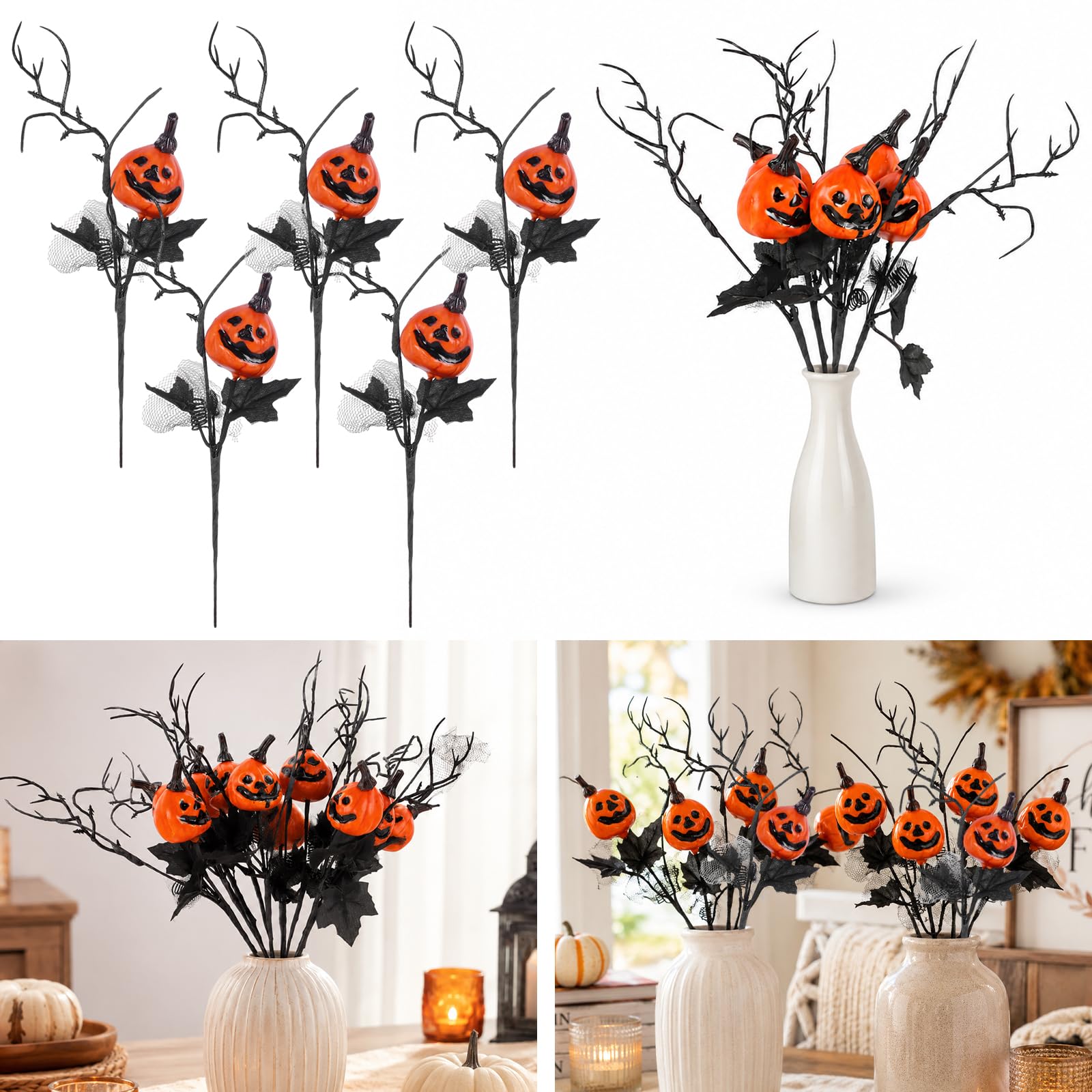 Fohuanky 10Pcs Halloween Pumpkin Bouquet, Spooky Foam Pumpkin Floral Sticks for Room Vase Party Table Indoor Outdoor Halloween Decorations