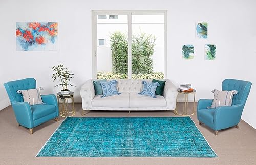 Miniatura 2 de 6.3x10 Ft Handmade Vintage Turkish Rug Over-Dyed in Teal for Modern Interior
