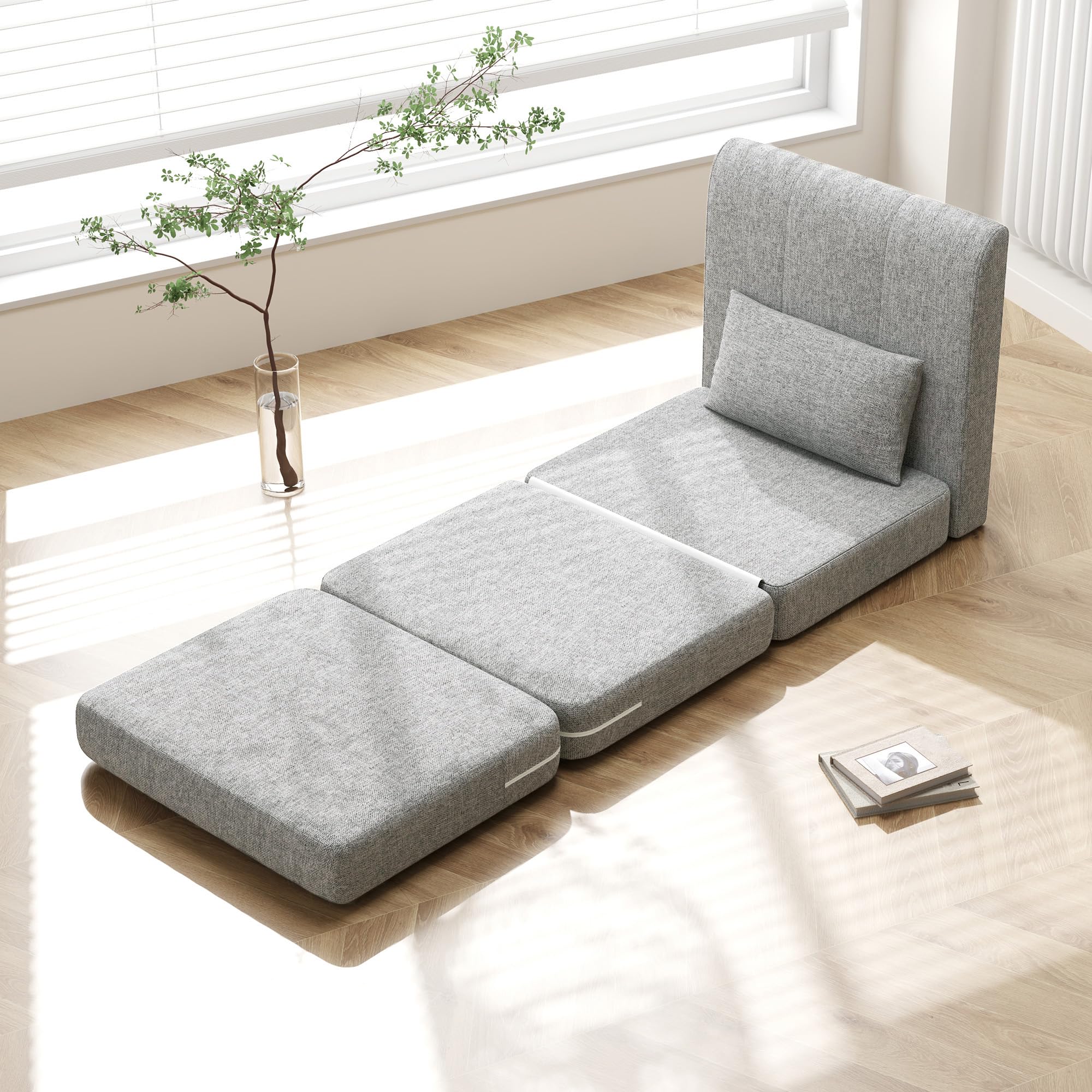 HOMCOM Fauteuil Convertible 1 Place Fauteuil Paresseux chauffeuse Une Place - Coussin Inclus, Matelas tri-dépliant - pour invités, Salon, Charge 240 kg, Tissu Lin Gris