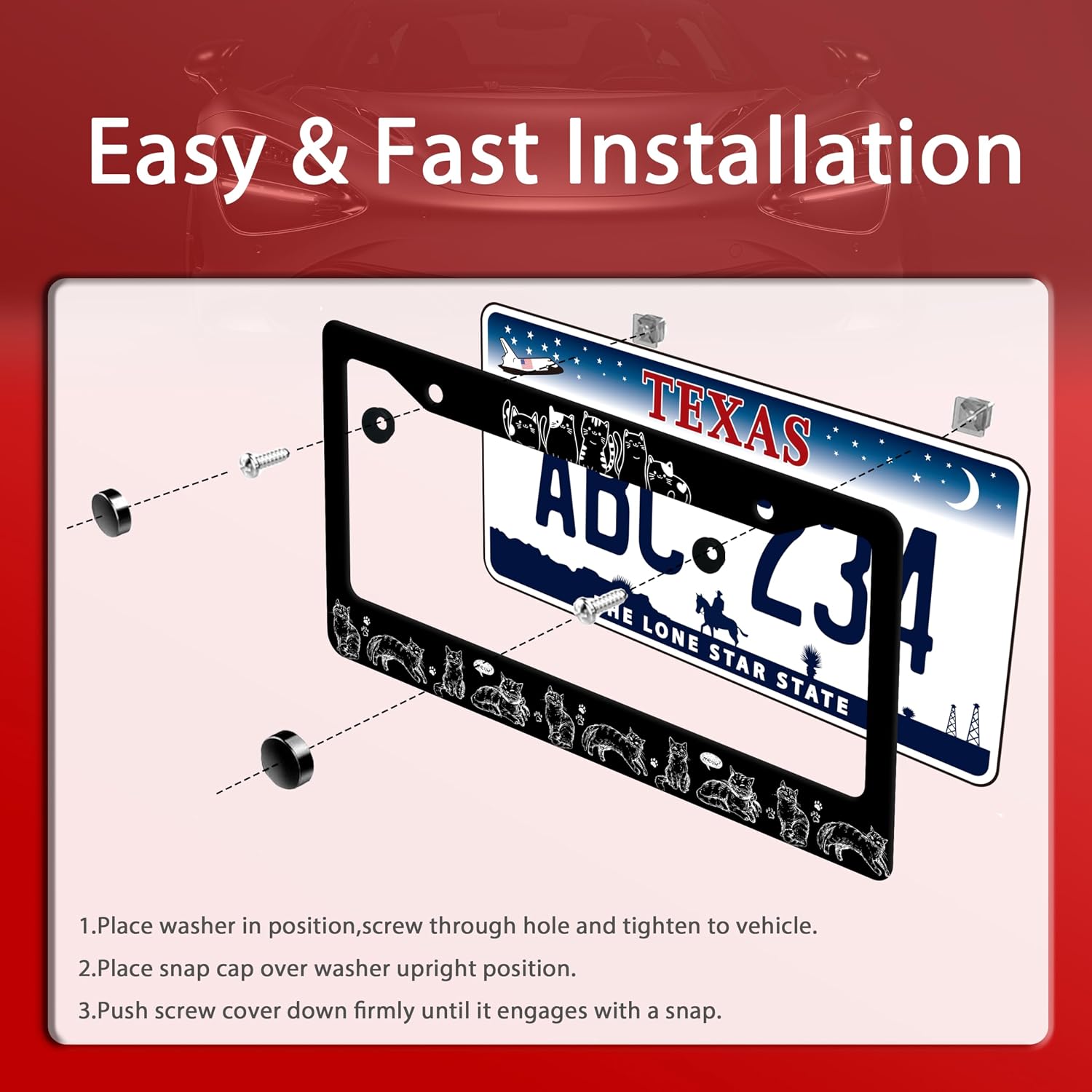 Black White Cats License Plate Frame Stainless Steel Cat License Holder image 3
