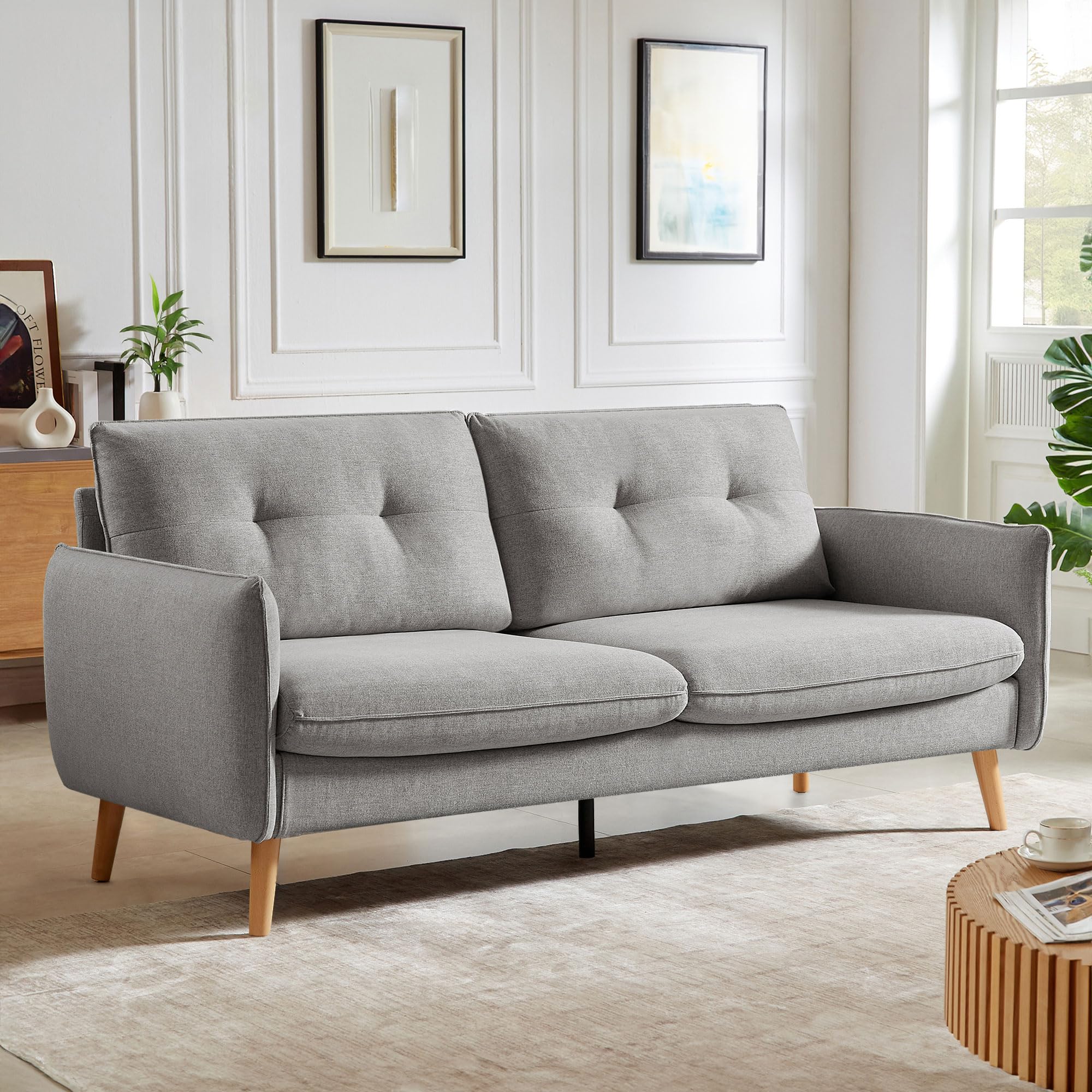 Canapé 3 Places Scandinave CHLOÉ en Tissu Gris Clair – Canapé Droit Élégant et Moderne – Sofa Spacieux et Confortable Style Nordique Chic pour Salon ou Bureau – Canapé Rectiligne 210x82x92 cm
