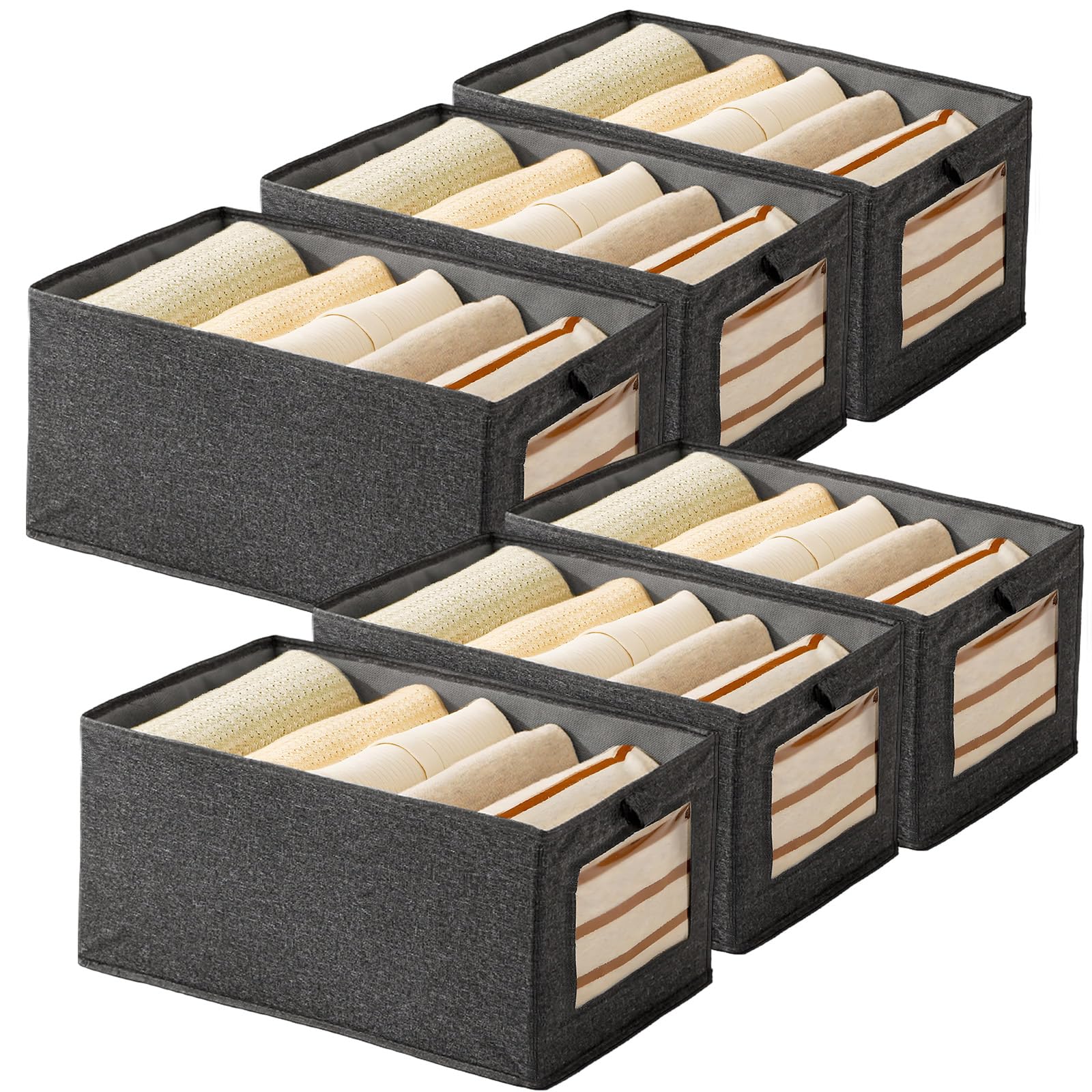Wardrobe Storage Organiser Foldable - 6Pcs Drawer Organiser Clothes Fabric Storage Boxes Bin with Clear Window Shelf Stackable Clothing Storage Box for Underwear Jeans Pants Shirt Legging Toy(Grey)