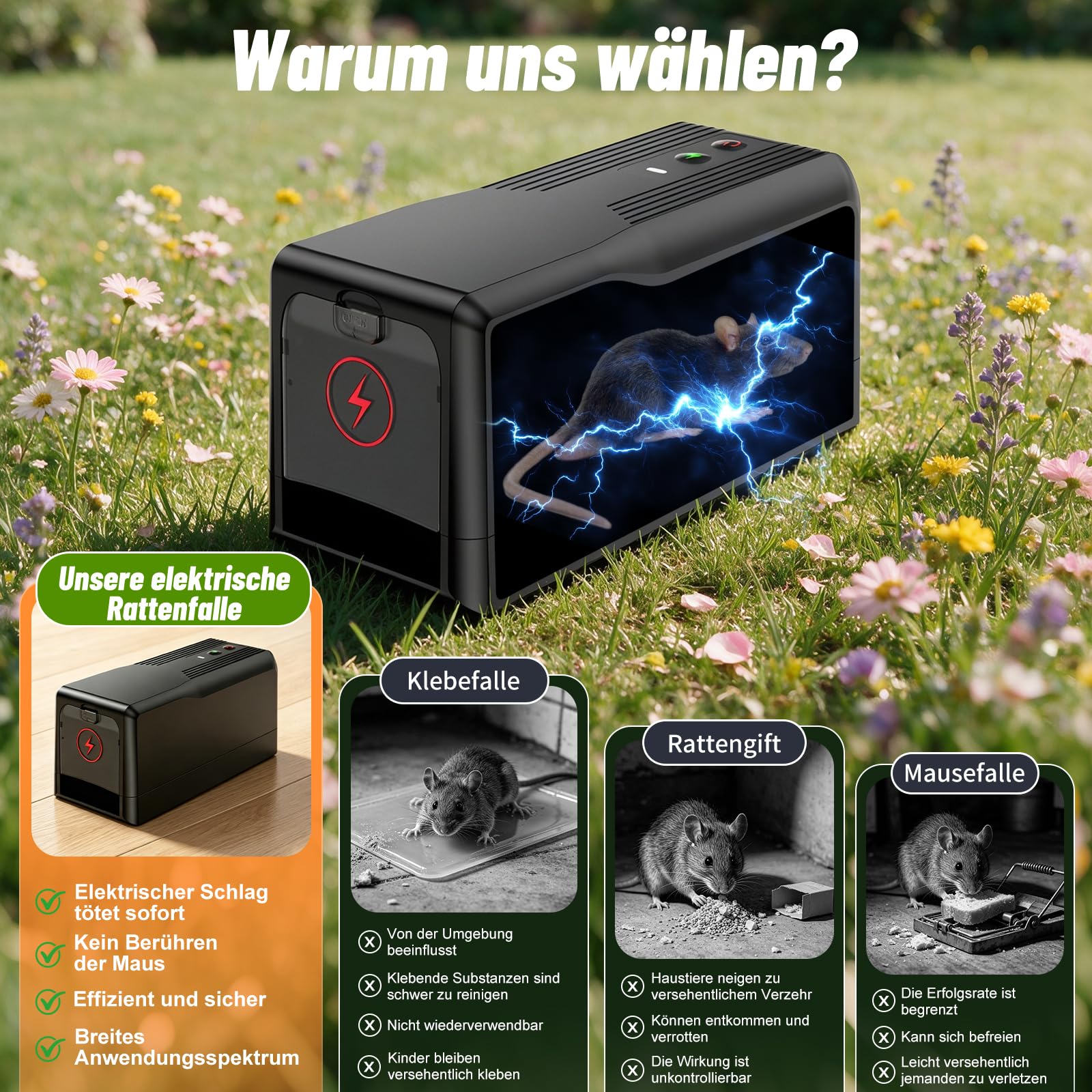 Rattenfalle Elektrisch 8000V, Elektrischer Mausfänger Elektrisch Mausefalle Große Einzug 11,5*25,5 cm,Sofortiger Schmerzloser Elektronische Schlagfalle, Wiederverwendbar & Hygienisch für Küche Keller