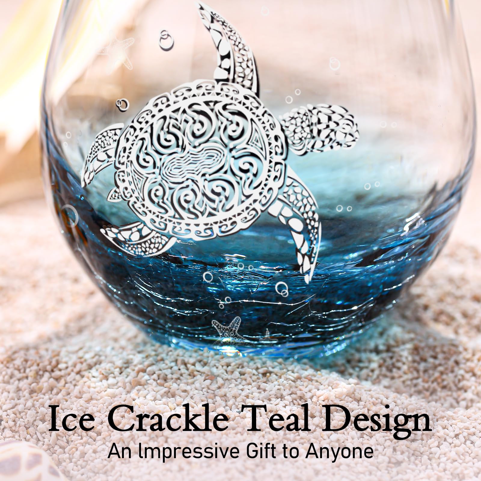 Sea Turtle Weingläser ohne Stiel – Schildkröte Weingläser Set von 4 Stück, Craquelé-Design, Weihnachten, 540 ml (weiß)