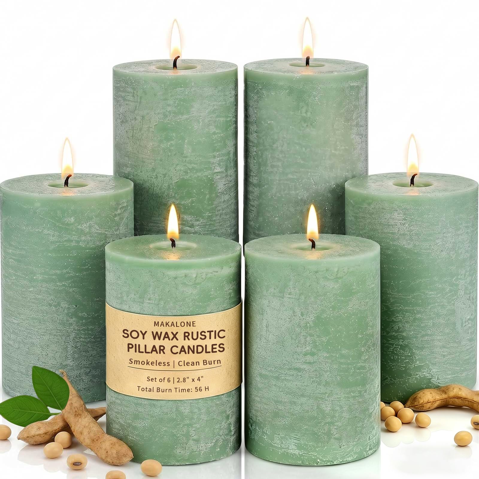 4 Pack Soy White Pillar Candles,Natural Soybean Pillar Candles,55 H Long Lasting Burning-Unscented,Dripless and Smokeless Rustic Sage Green Hand-Poured Candles Dinner Table,for Wedding,Home 2.8x4in