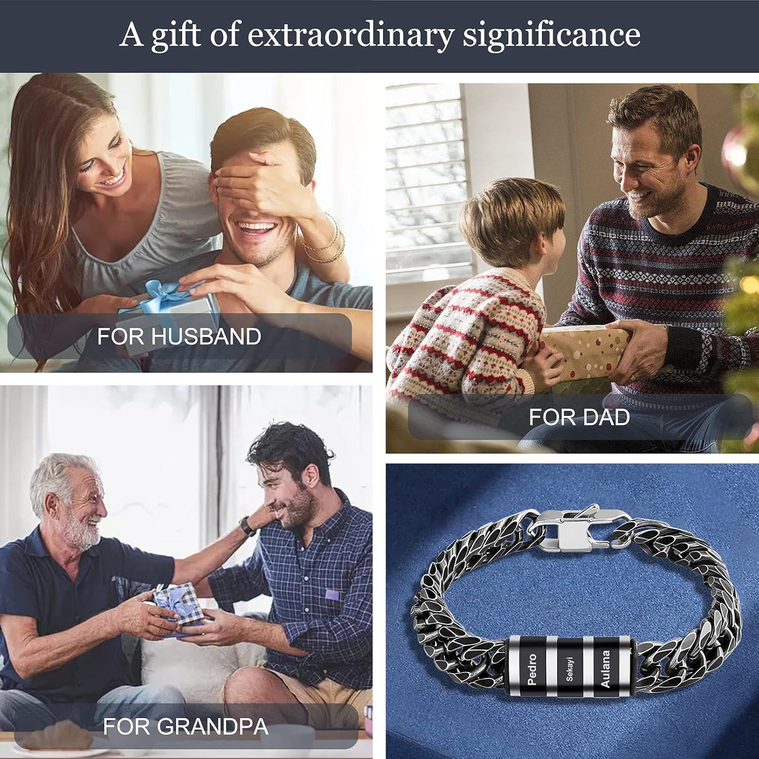 BAUMA AUTO Personalized Mens Bracelet with 1-6 Names Customized Beaded Bracelet Fashion Chain Cuff Bracelet Made with Charm Beads for Dad Husband Farther His Birthday