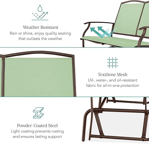 Miniatura 5 de Best Choice Products Banco de acero para 2 personas para patio, columpio, balancín para terraza, porche con tela de textileno, marco de acero, verde
