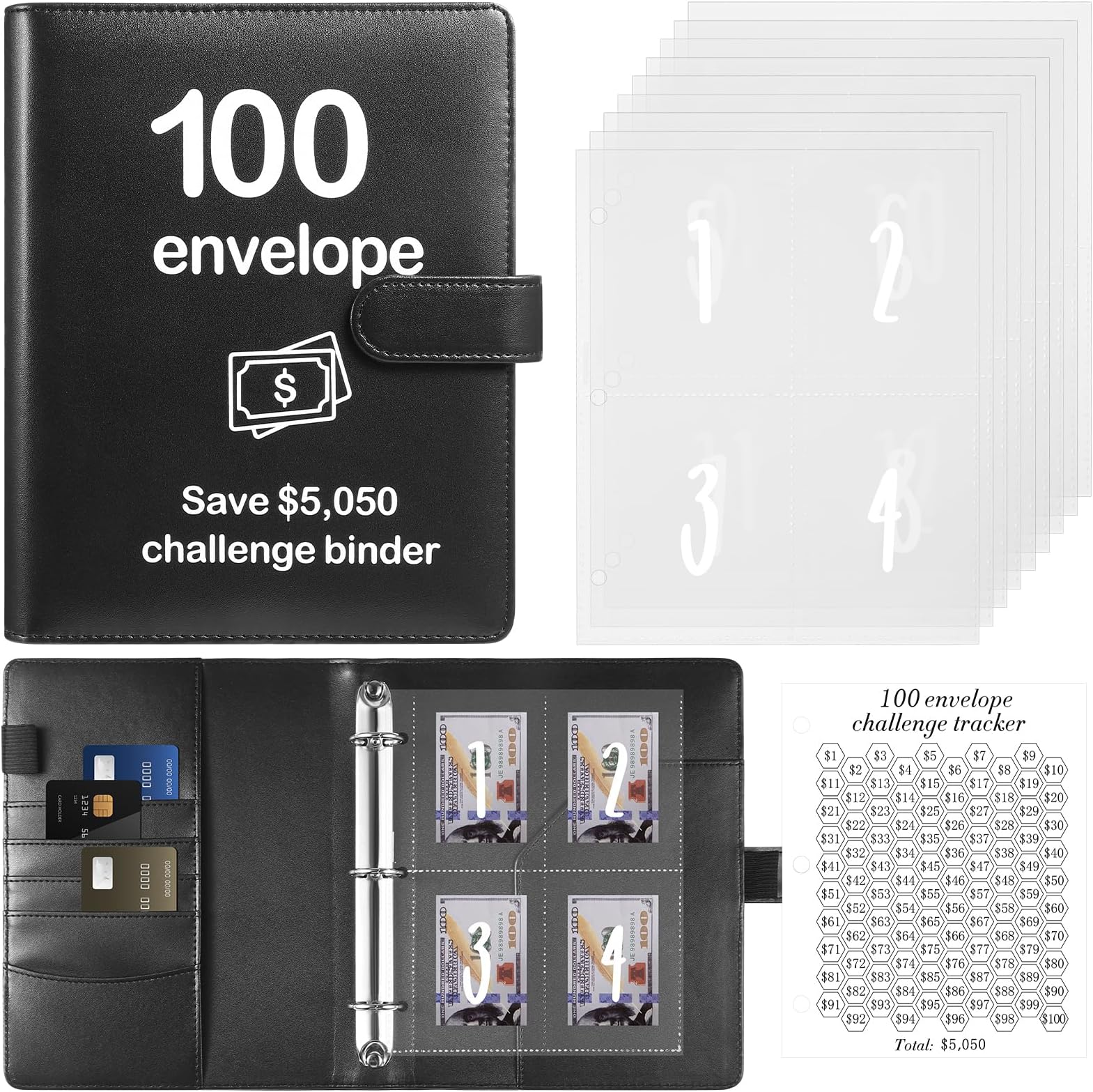 100 Envelopes Money Saving Challenge Binder with Laminated Tracker, Budget Binder with Cash Envelopes, Easy and Fun Way to Save $5,050 (Black)