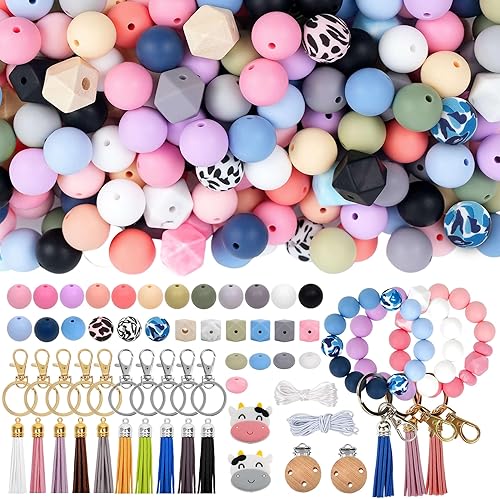 Tsinlan.ayn Kit de cuentas de silicona de 0.59 pulgadas para hacer llaveros, 109 piezas a granel de cuentas de silicona surtidas para collares,