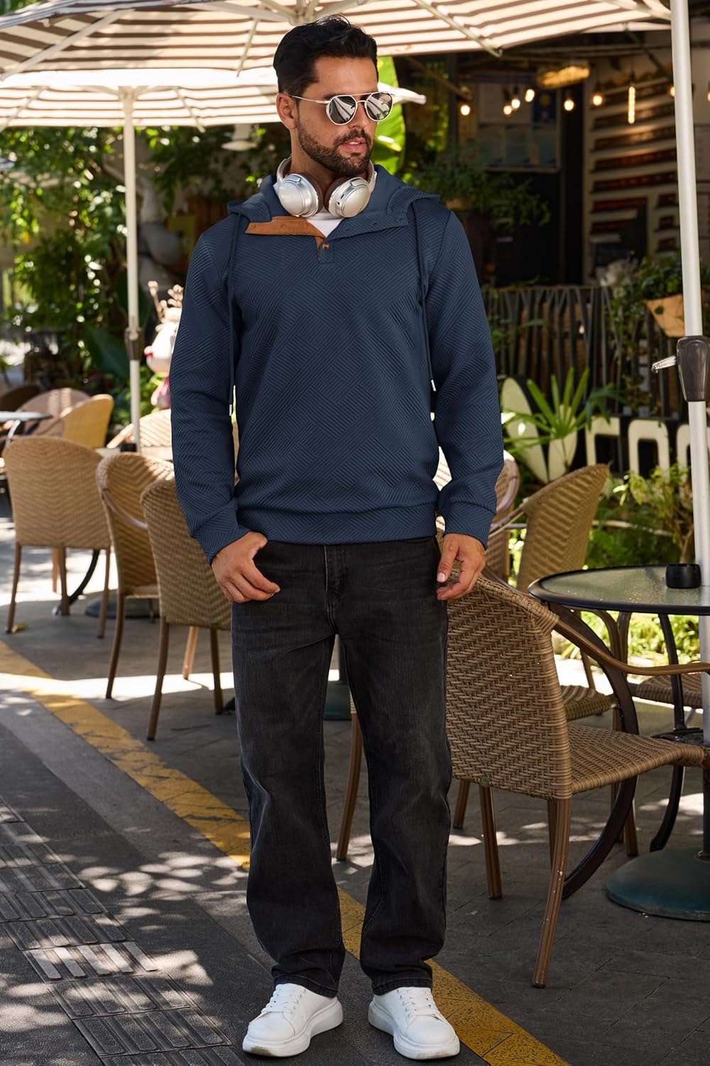 Mens Fashion Pullover Hoodies Long Sleeve Thermal Drawstring Button Texture Hooded Sweatshirt - Image 3