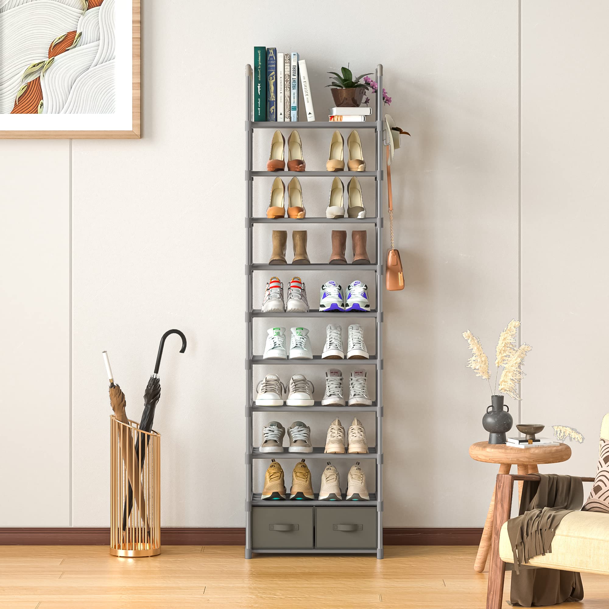 OYREL Schuhregal 10-stöckig – Schmales Metallregal Mit 2 Boxen & Haken (ca. 200 Cm Hoch, Schwarz)