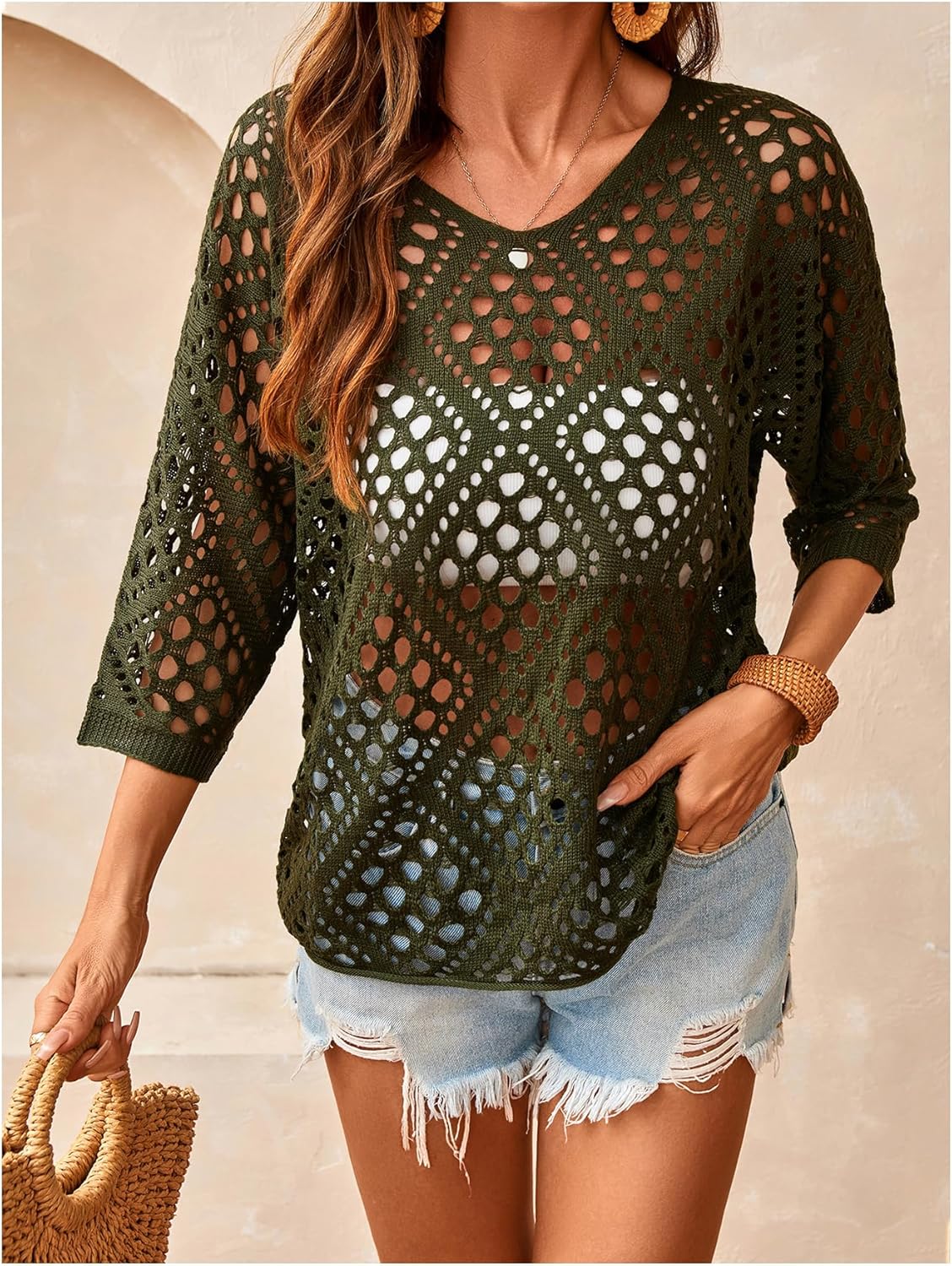 Women's Hollow Out Crochet Knit Tops Y2k 3/4 Sleeve Pullover Summer Sweater Going Out Outfits - Image 4
