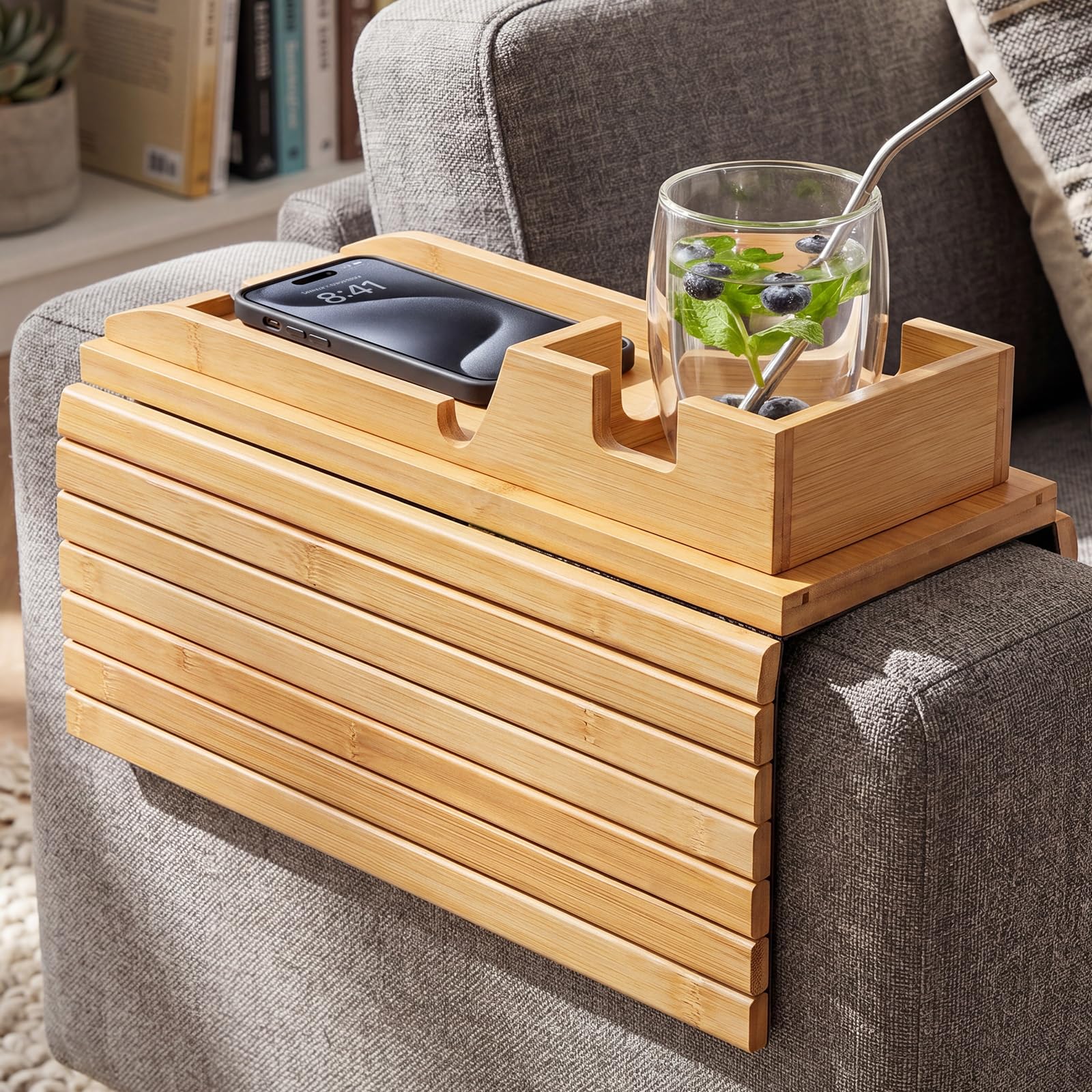 Levede Grain Bamboo Sofa Arm Tray Table With Cup Holder, 2 In 1 Foldable Couch Arm Tray With Detachable Design, Anti-Slip Armrest Tray For For Drinks, Snack, Magazine And Remote