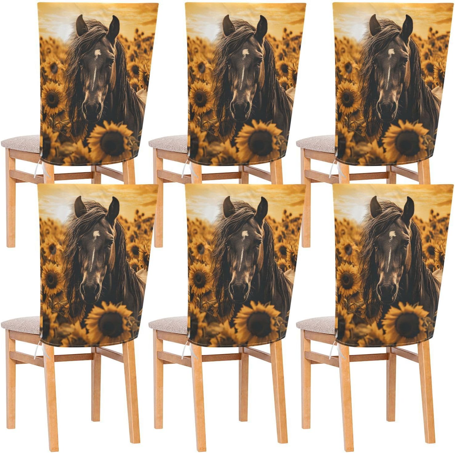 ALAZA Horse Sunflowers Chair Back Cover Set of 6, Washable Reusable Removable Chair Slipcovers Decorative Chair Cover for Home Kitchen Wedding Party