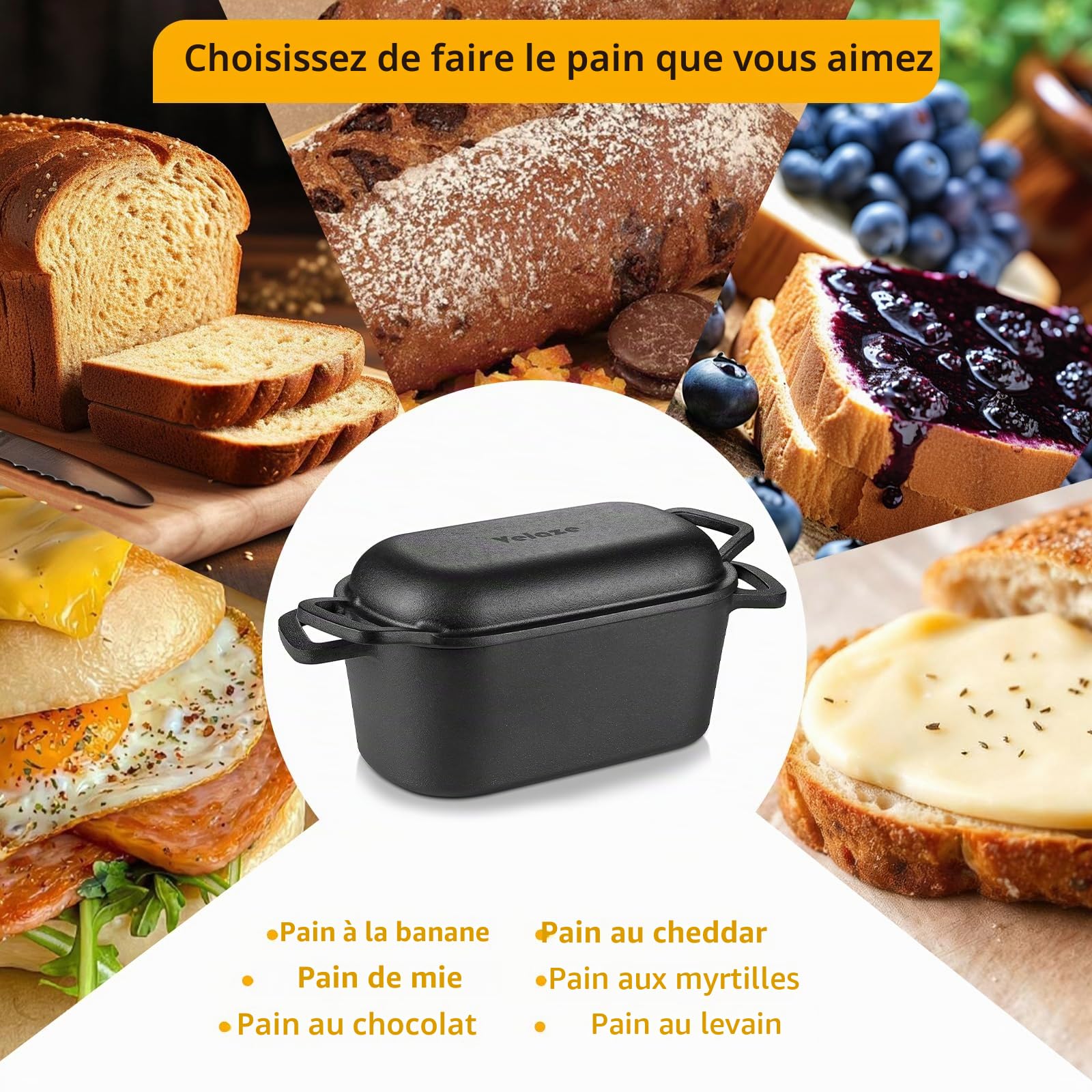 Velaze Cocotte Fonte Émaillée 3.4L - Casserole à Pain Noire avec Couvercle pour Induction, Marmite Antiadhésive Intérieur Crème - Cocotte Fonte Induction, Cuisson du Pain, Braisage, Ragoûts (27x15cm)