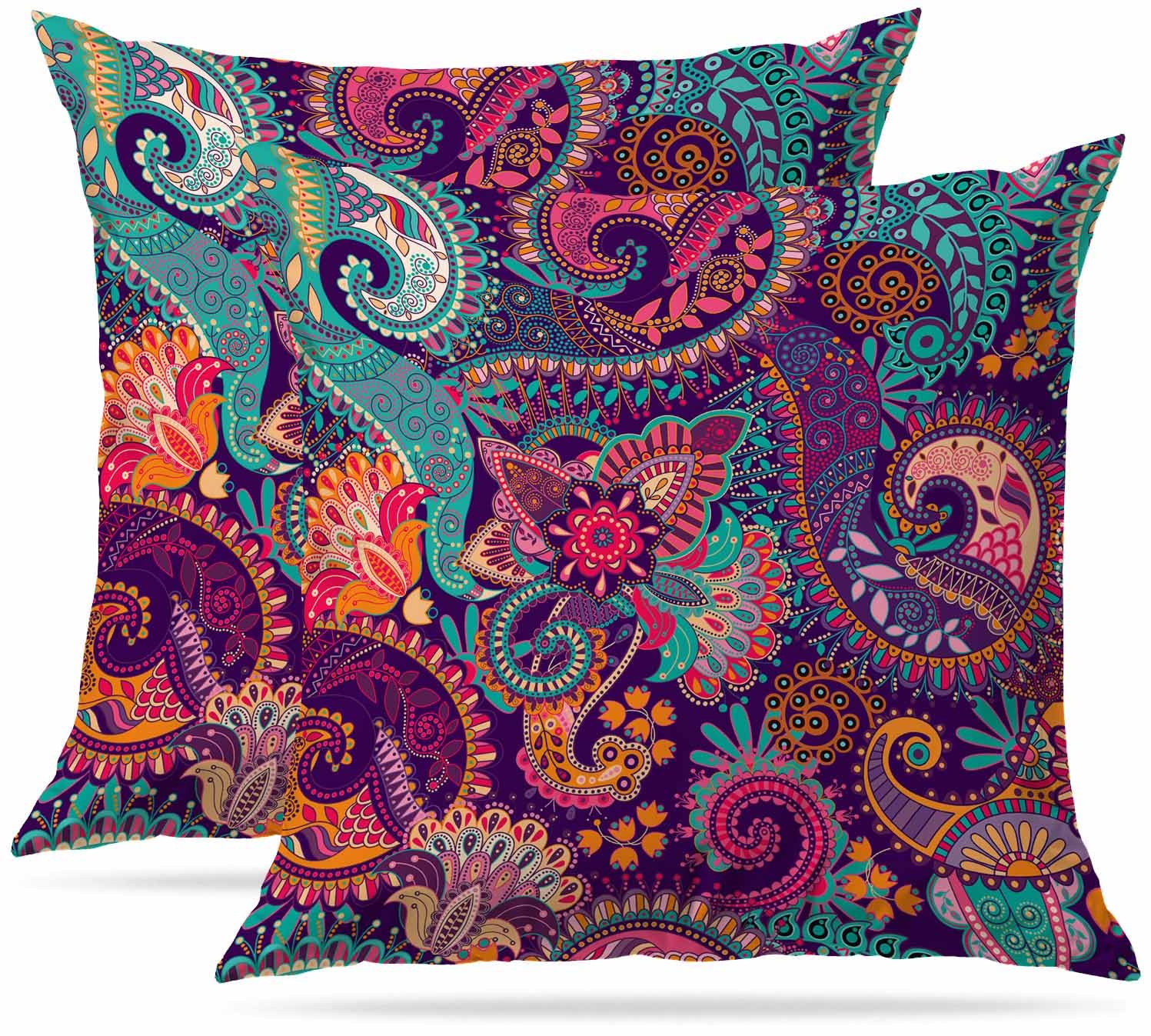 Zovinex Colorful Ethnic Paisley Cushion Covers 50 X 50 Cm Set Of 2 Pack Soft Short Plush Decorative Square Throw Pillow Case Pillowcases For Sofa Bedroom Outdoor Home Office Car Decor With Invisible Zipper