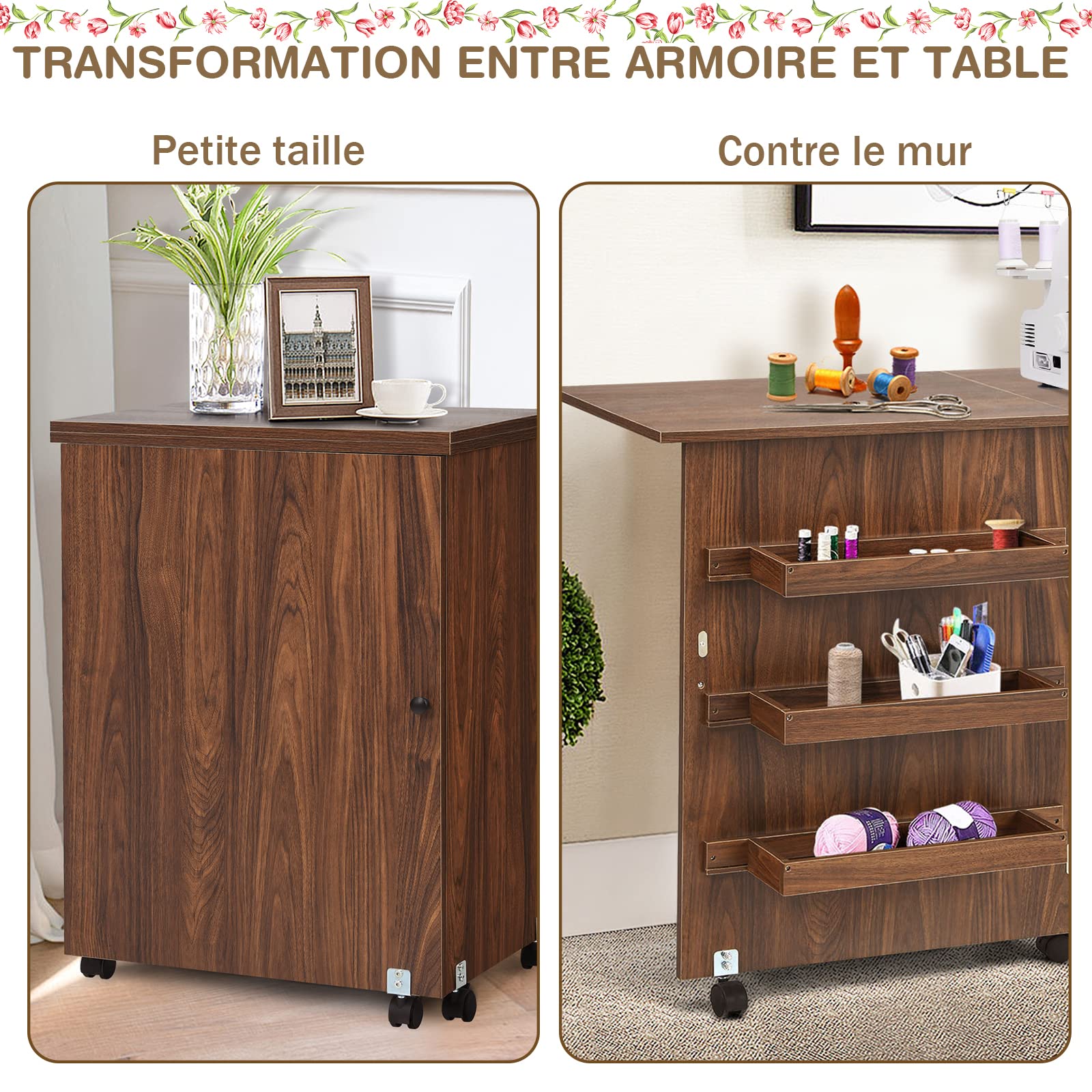 RELAX4LIFE Table Pliable pour Machine à Coudre avec 4 Etagères de Rangement, Armoire à Machine à Coudre avec roulettes avec Freins, Table Pliable en MDF, 117 x 40 x 77 CM, Blanc/Naturel/Brun (Brun)