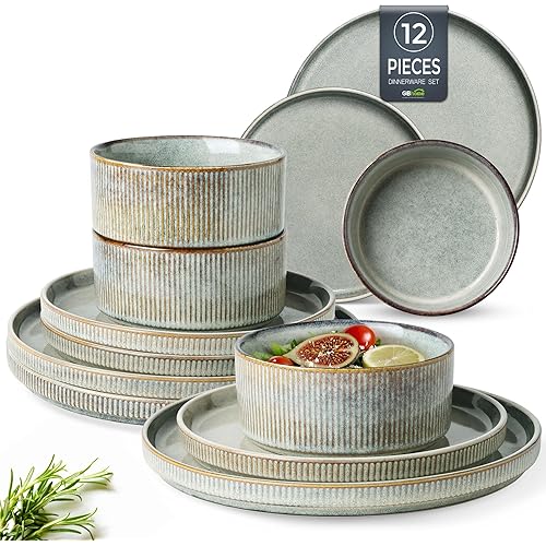 GBHOME Stoneware Dinnerware Sets for 4,Round Reactive Glaze Ceramic Plates and Bowls Set,Highly Chip and Crack Resistant | Dishwasher & Microwave Safe Dishes Set,Service for 4(12Pcs)