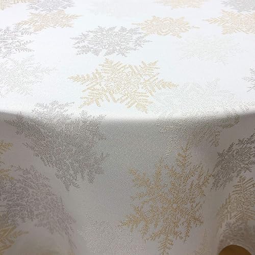 Miniatura 2 de CAIT CHAPMAN HOME COLLECTION Mantel tejido jacquard metálico con copos de nieve dorados y plateados festivos (mantel redondo de 70 pulgadas)