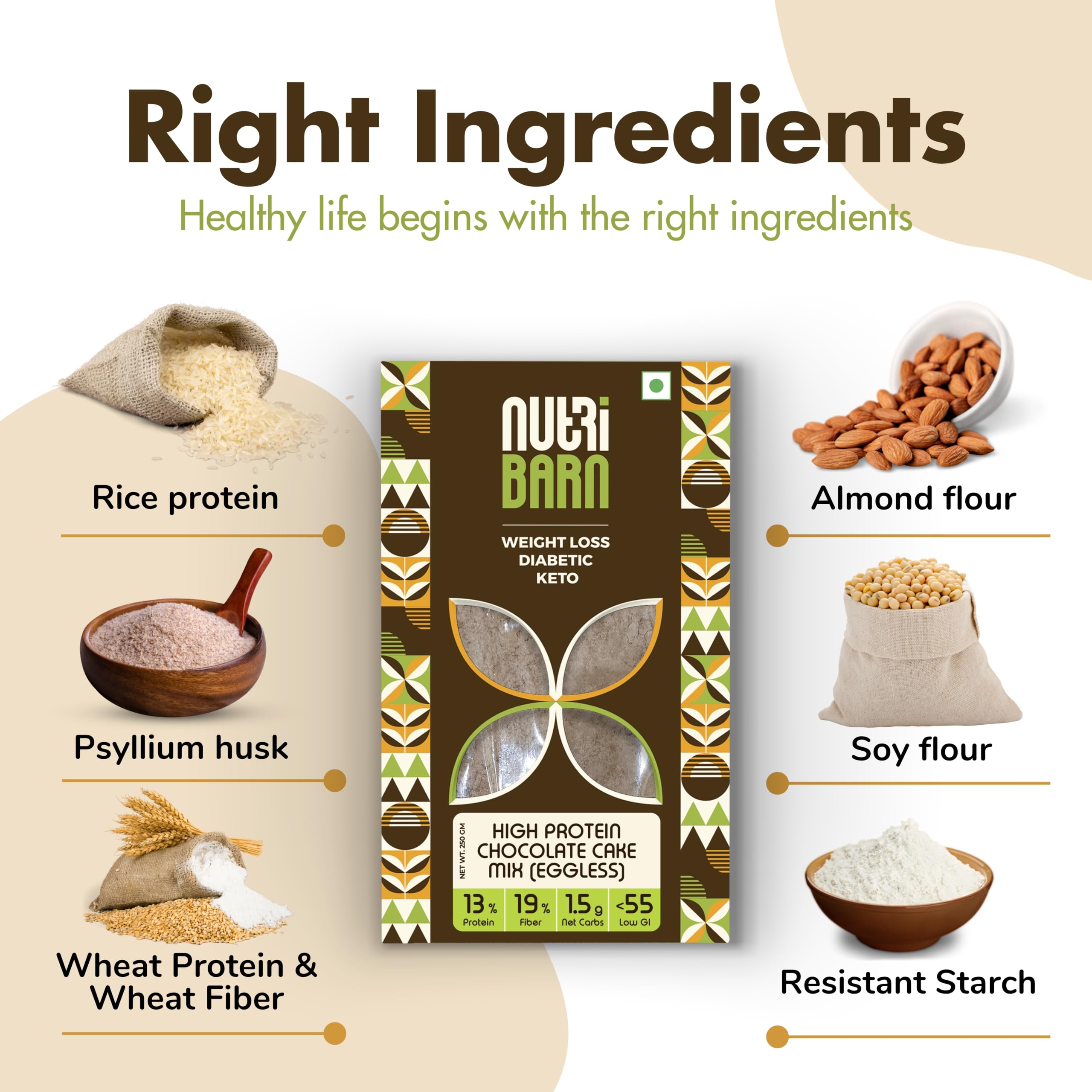 Nutribarn Keto Chocolate Sponge Cake Pre-Mix,250 Gms,1 Pack,2.8g Net Carb & 6g High Protein/Slice,Identical to Regular Cake, Ultra Low Carb, High Fibre, Low GI, For Keto Diet & Weight Loss