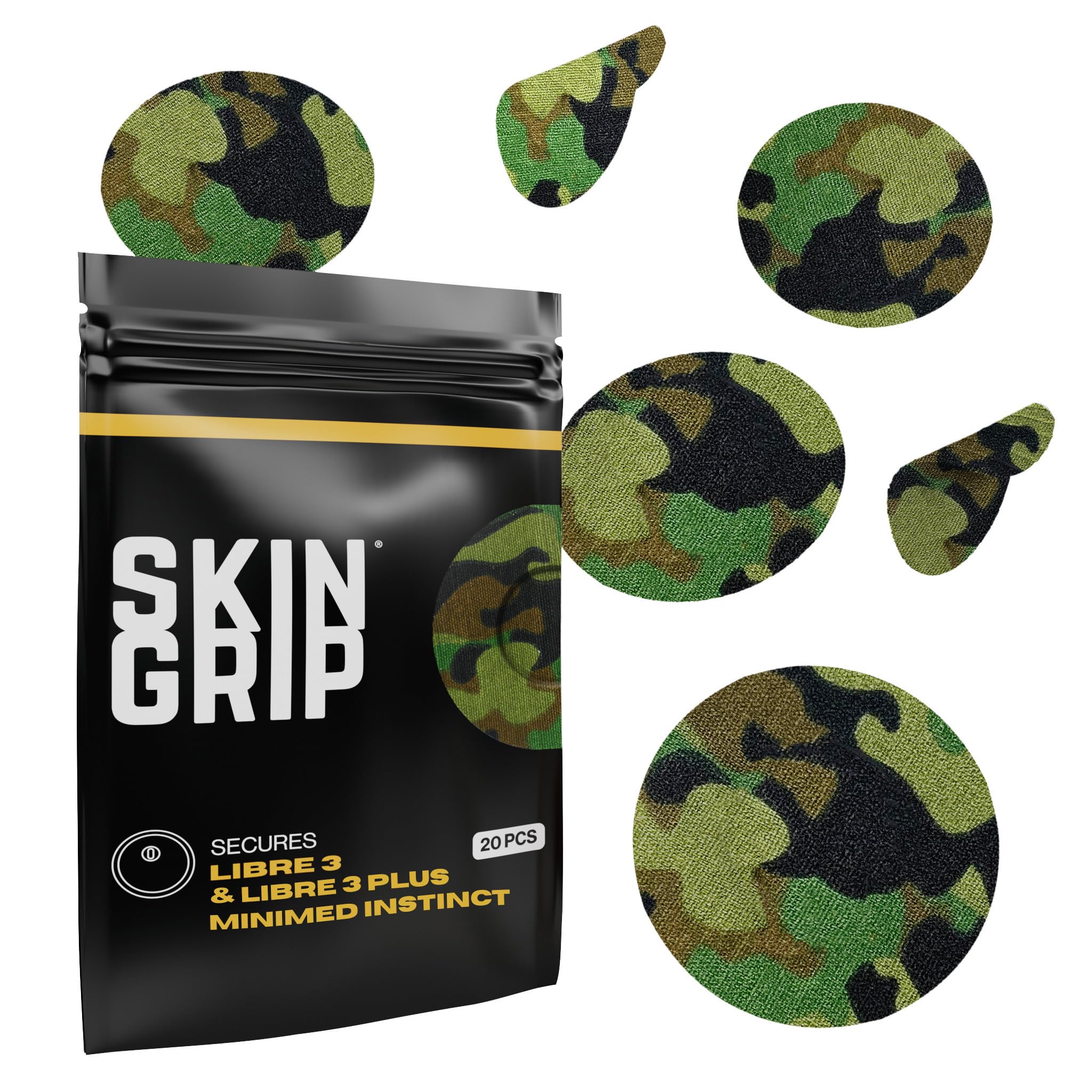 Skin Grip Freestyle Libre 3 Sensor Covers-Waterproof & Sweatproof Adhesive Patches for 10-15 Days (Not for Libre2), Pre-Cut CGM Diabetic Sensors Cover, Compatible with Instinct Sensors- 20 Pack, CAMO