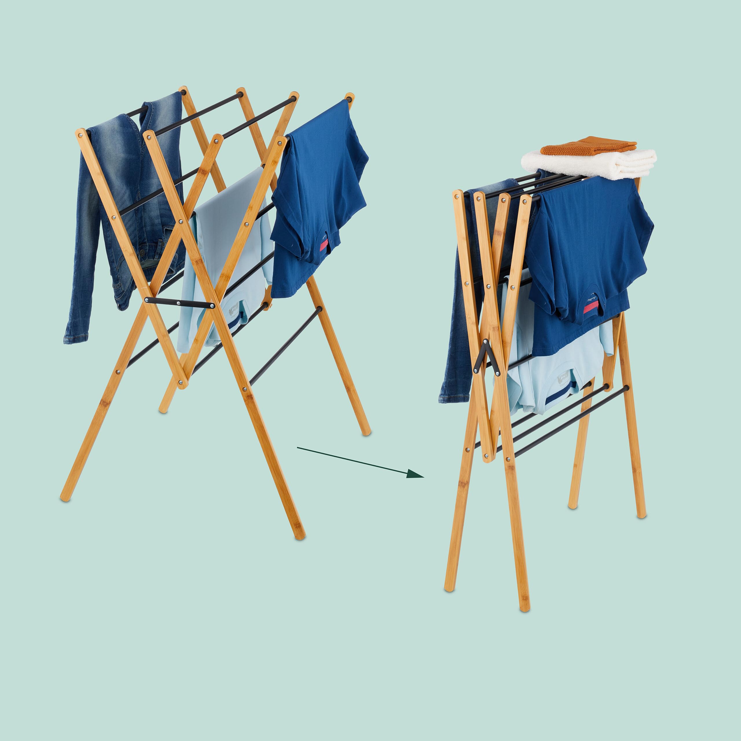 Tendedero Relaxdays, Plegable, 12 Varillas, 93 x 70 x 62 cm, bambú, Metal, Torre, Natural/Negro